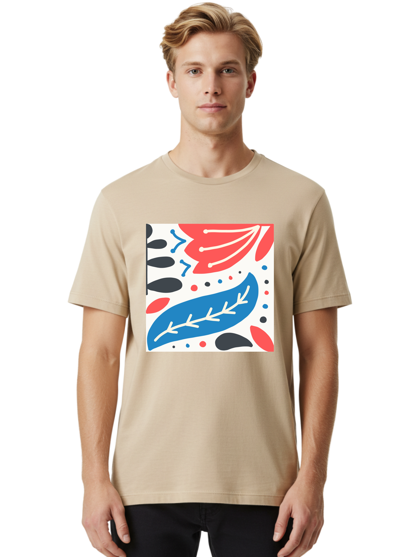 Abstract-Leaves-1 Men'S Graphic Tee, 100% Cotton, Comfortable Casual Summer Wear, Machine Washable, Abstract Leaf Pattern, Modern Design, Colorful Shapes, Red And Blue Leaves, Black Ovals, Scattered Dots, Artistic Expression, Creative Design, Aab657 10