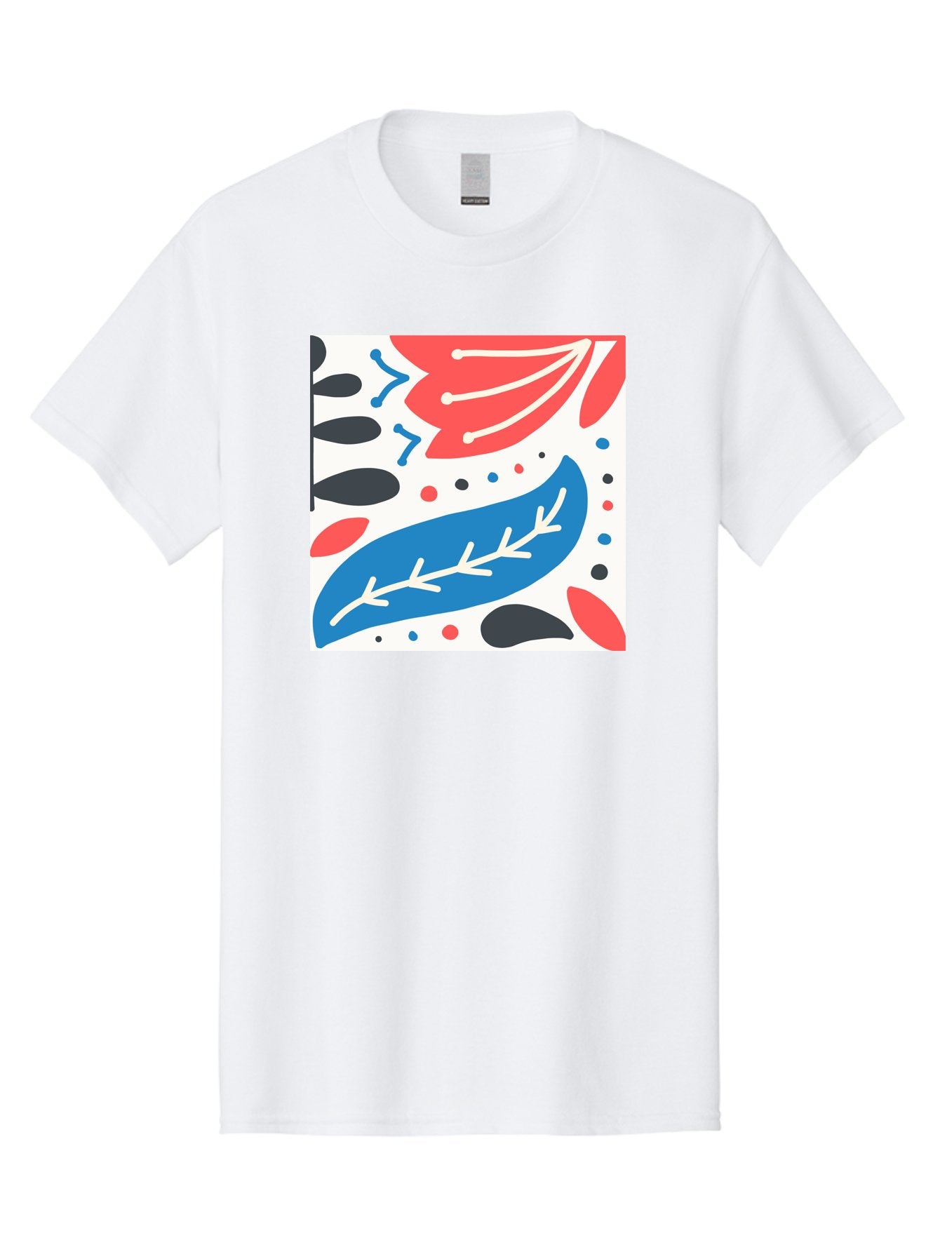 Abstract-Leaves-1 Men'S Graphic Tee, 100% Cotton, Comfortable Casual Summer Wear, Machine Washable, Abstract Leaf Pattern, Modern Design, Colorful Shapes, Red And Blue Leaves, Black Ovals, Scattered Dots, Artistic Expression, Creative Design, Aab657 11