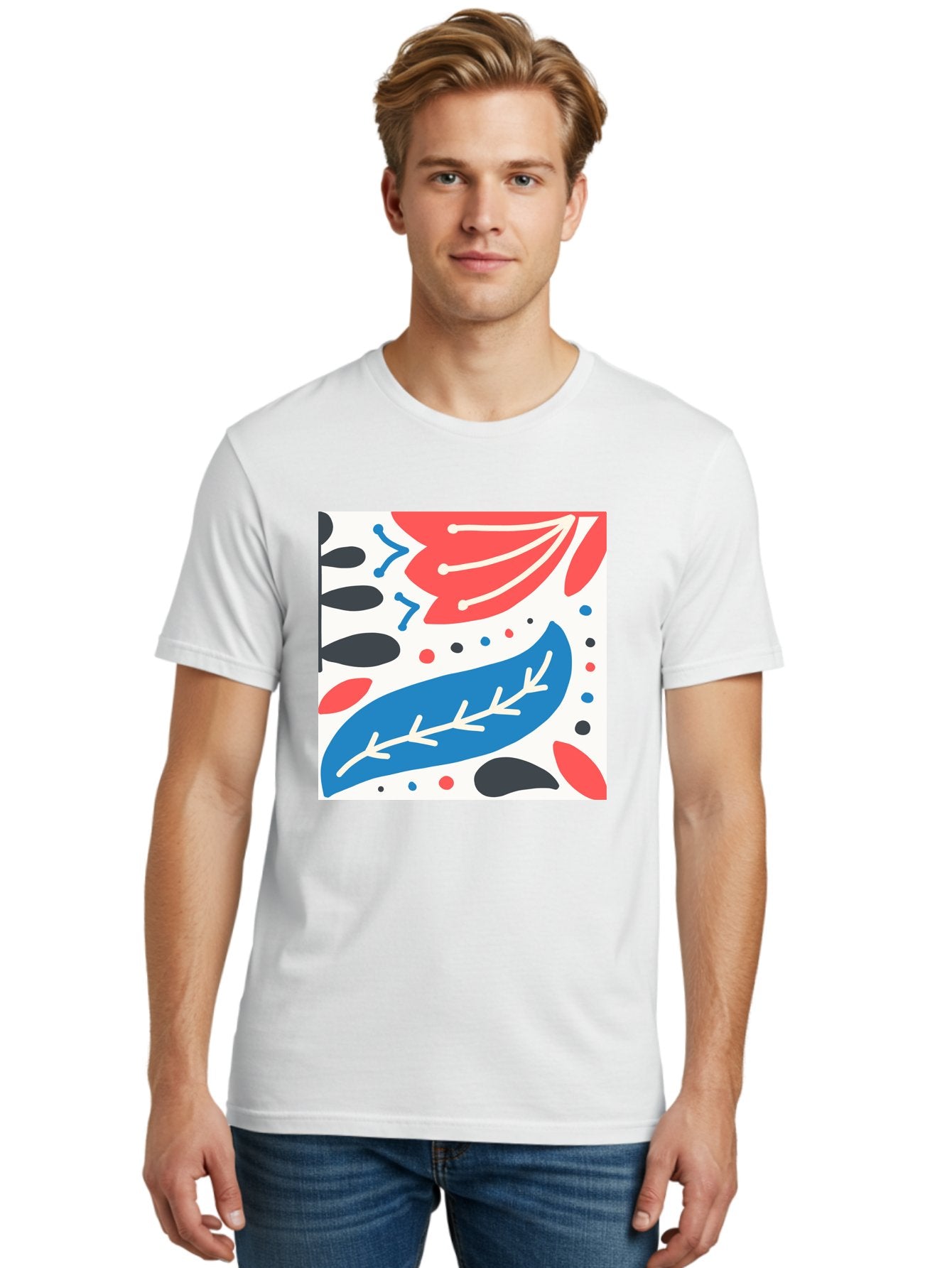 Abstract-Leaves-1 Men'S Graphic Tee, 100% Cotton, Comfortable Casual Summer Wear, Machine Washable, Abstract Leaf Pattern, Modern Design, Colorful Shapes, Red And Blue Leaves, Black Ovals, Scattered Dots, Artistic Expression, Creative Design, Aab657 27