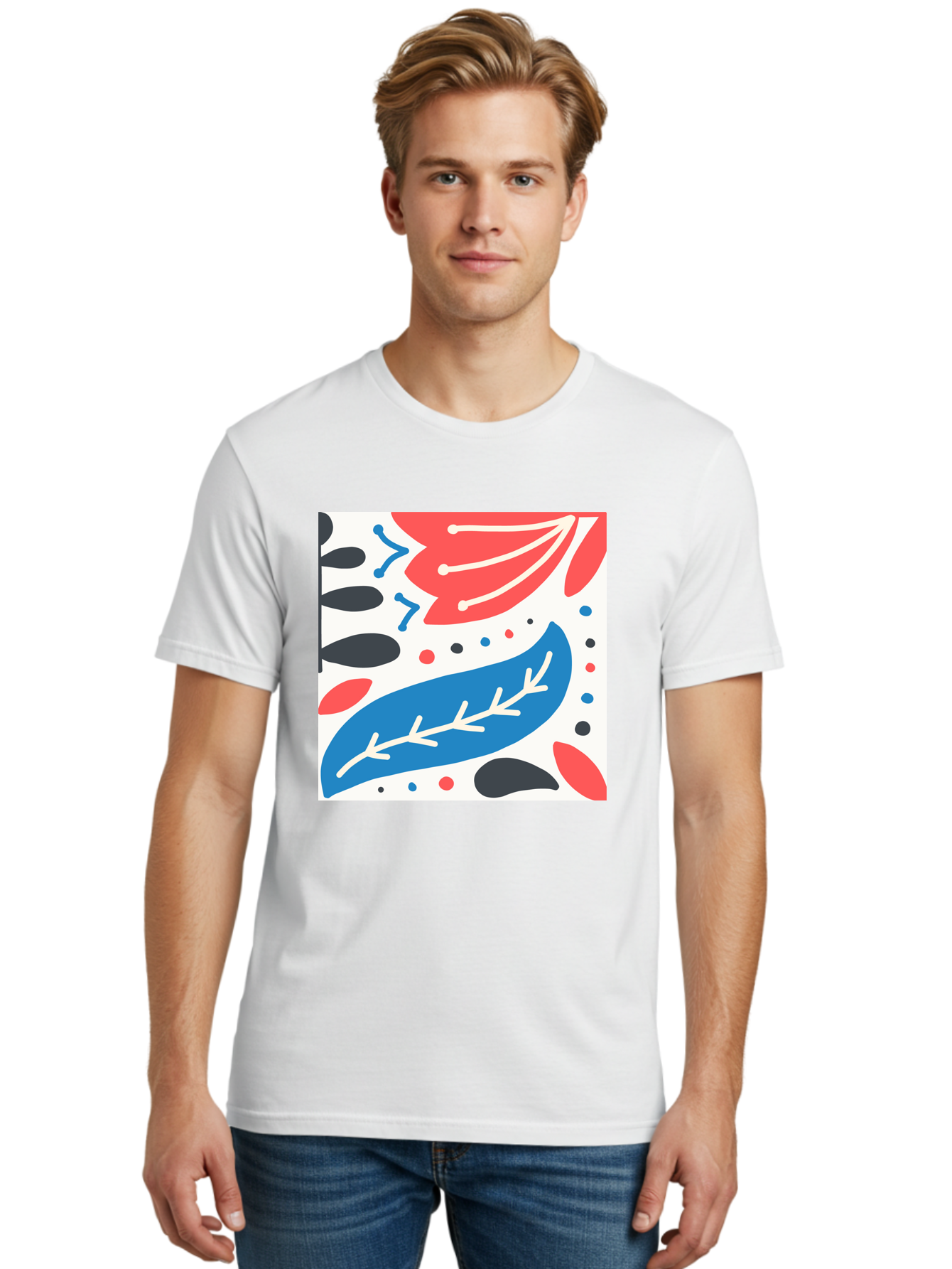 Abstract-Leaves-1 Men'S Graphic Tee, 100% Cotton, Comfortable Casual Summer Wear, Machine Washable, Abstract Leaf Pattern, Modern Design, Colorful Shapes, Red And Blue Leaves, Black Ovals, Scattered Dots, Artistic Expression, Creative Design, Aab657 8