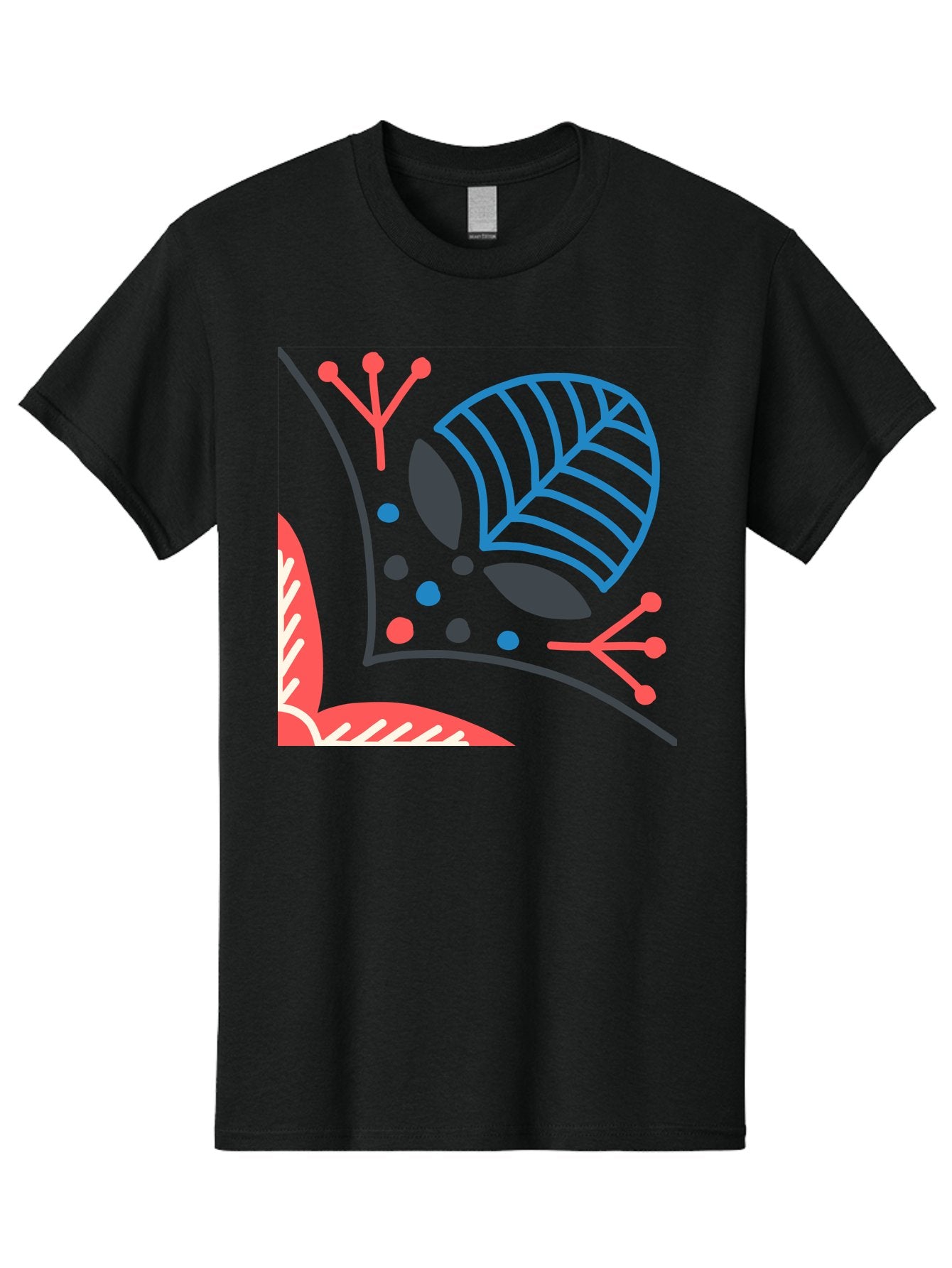 Abstract-Leaves Men'S Graphic Tee, 100% Cotton, Comfortable Casual Summer Wear, Machine Washable, Stylized Leaf, Abstract Foliage, Vibrant Colors, Playful Patterns, Blue Lines, Red Accents, Black Dots, Graphic Design Elements, Modern Art, Aab658 3