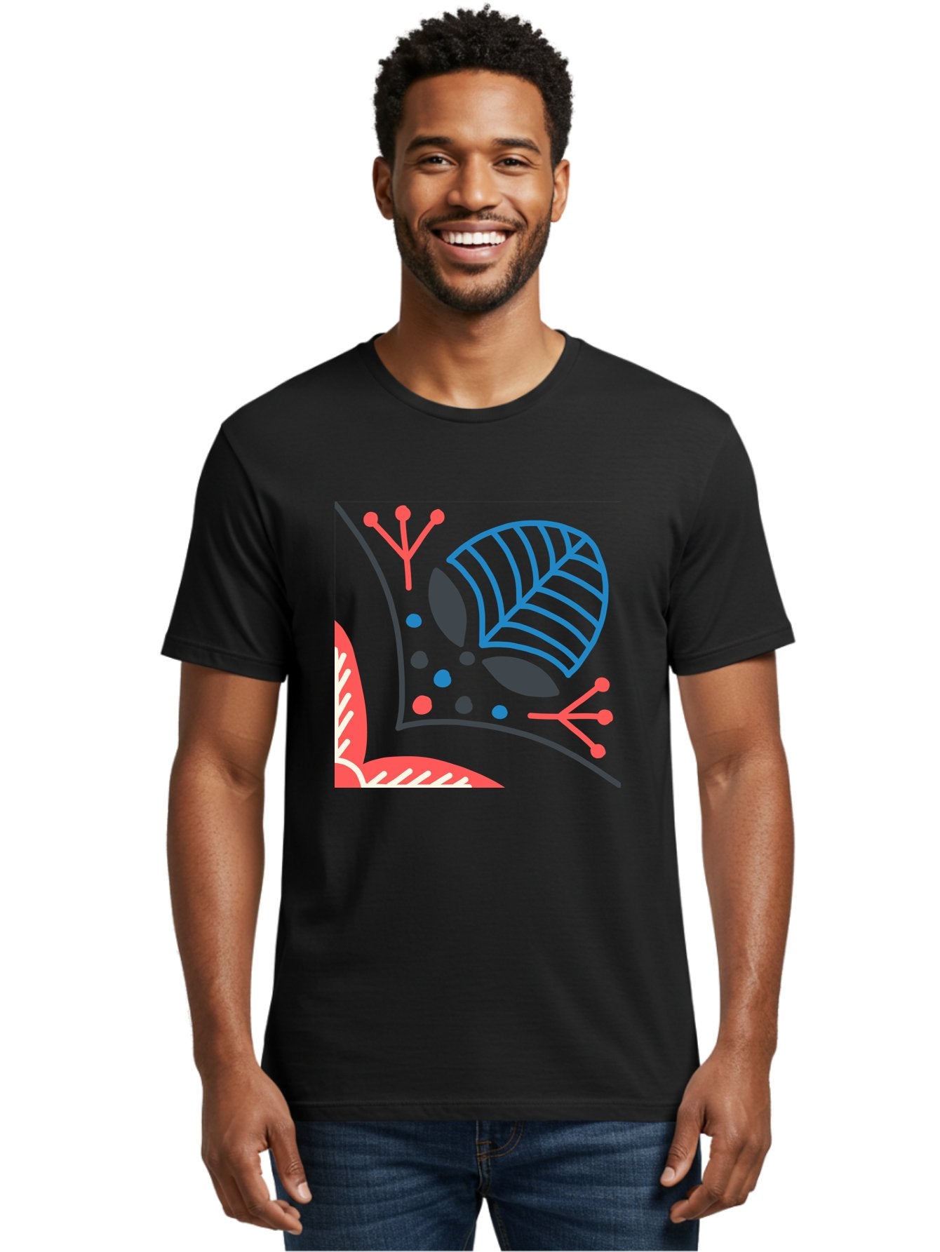 Abstract-Leaves Men'S Graphic Tee, 100% Cotton, Comfortable Casual Summer Wear, Machine Washable, Stylized Leaf, Abstract Foliage, Vibrant Colors, Playful Patterns, Blue Lines, Red Accents, Black Dots, Graphic Design Elements, Modern Art, Aab658 22