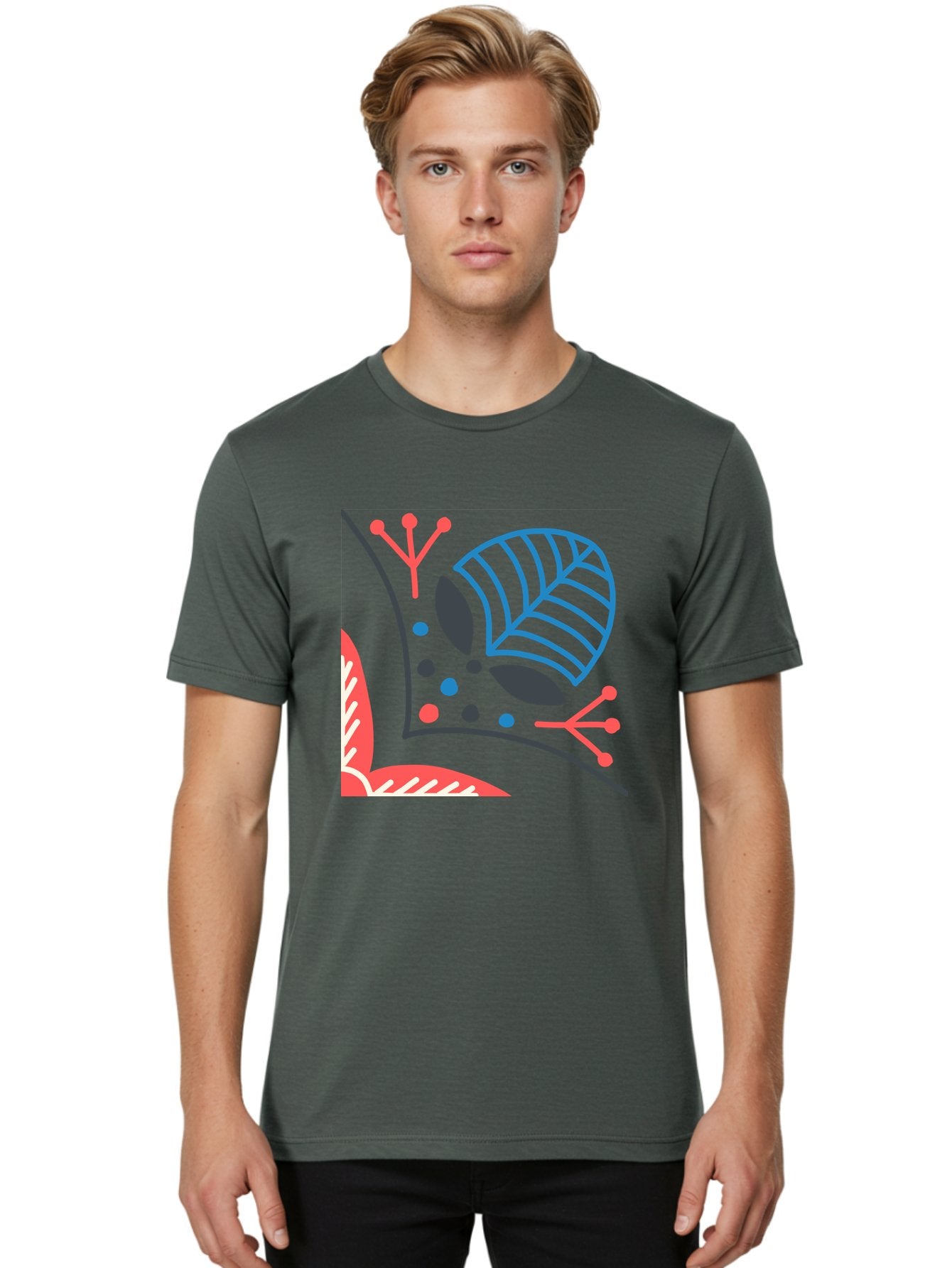 Abstract-Leaves Men'S Graphic Tee, 100% Cotton, Comfortable Casual Summer Wear, Machine Washable, Stylized Leaf, Abstract Foliage, Vibrant Colors, Playful Patterns, Blue Lines, Red Accents, Black Dots, Graphic Design Elements, Modern Art, Aab658 17
