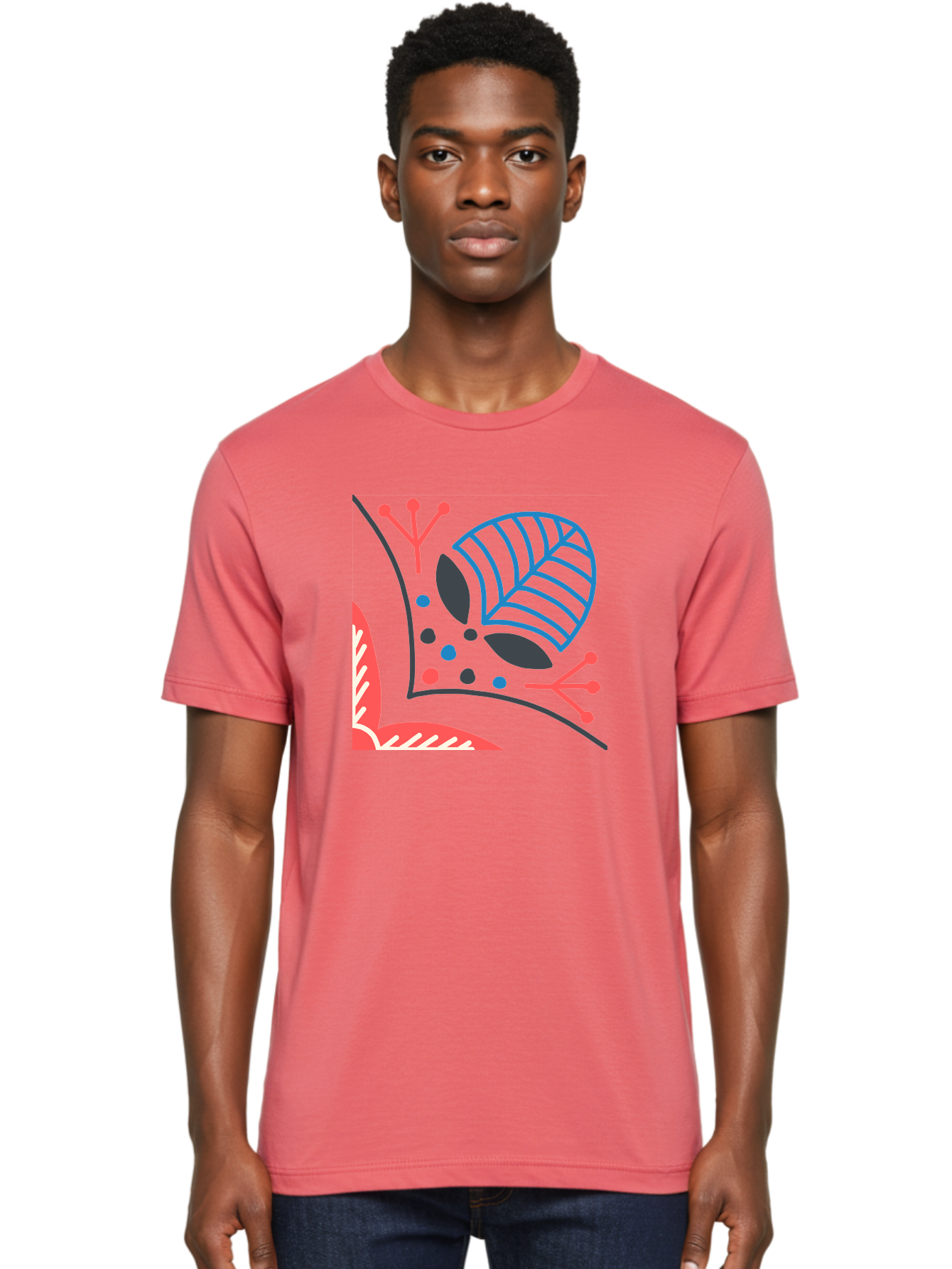 Abstract-Leaves Men'S Graphic Tee, 100% Cotton, Comfortable Casual Summer Wear, Machine Washable, Stylized Leaf, Abstract Foliage, Vibrant Colors, Playful Patterns, Blue Lines, Red Accents, Black Dots, Graphic Design Elements, Modern Art, Aab658 30