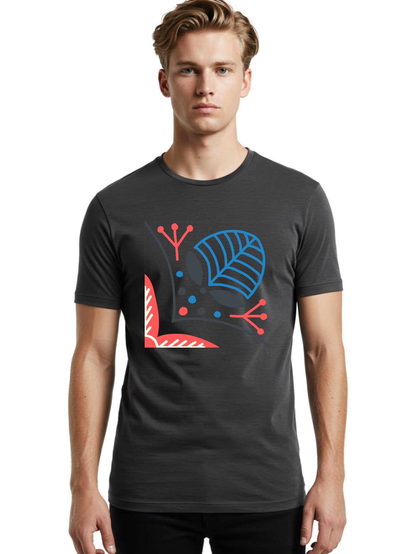 Abstract-Leaves Men'S Graphic Tee, 100% Cotton, Comfortable Casual Summer Wear, Machine Washable, Stylized Leaf, Abstract Foliage, Vibrant Colors, Playful Patterns, Blue Lines, Red Accents, Black Dots, Graphic Design Elements, Modern Art, Aab658 26