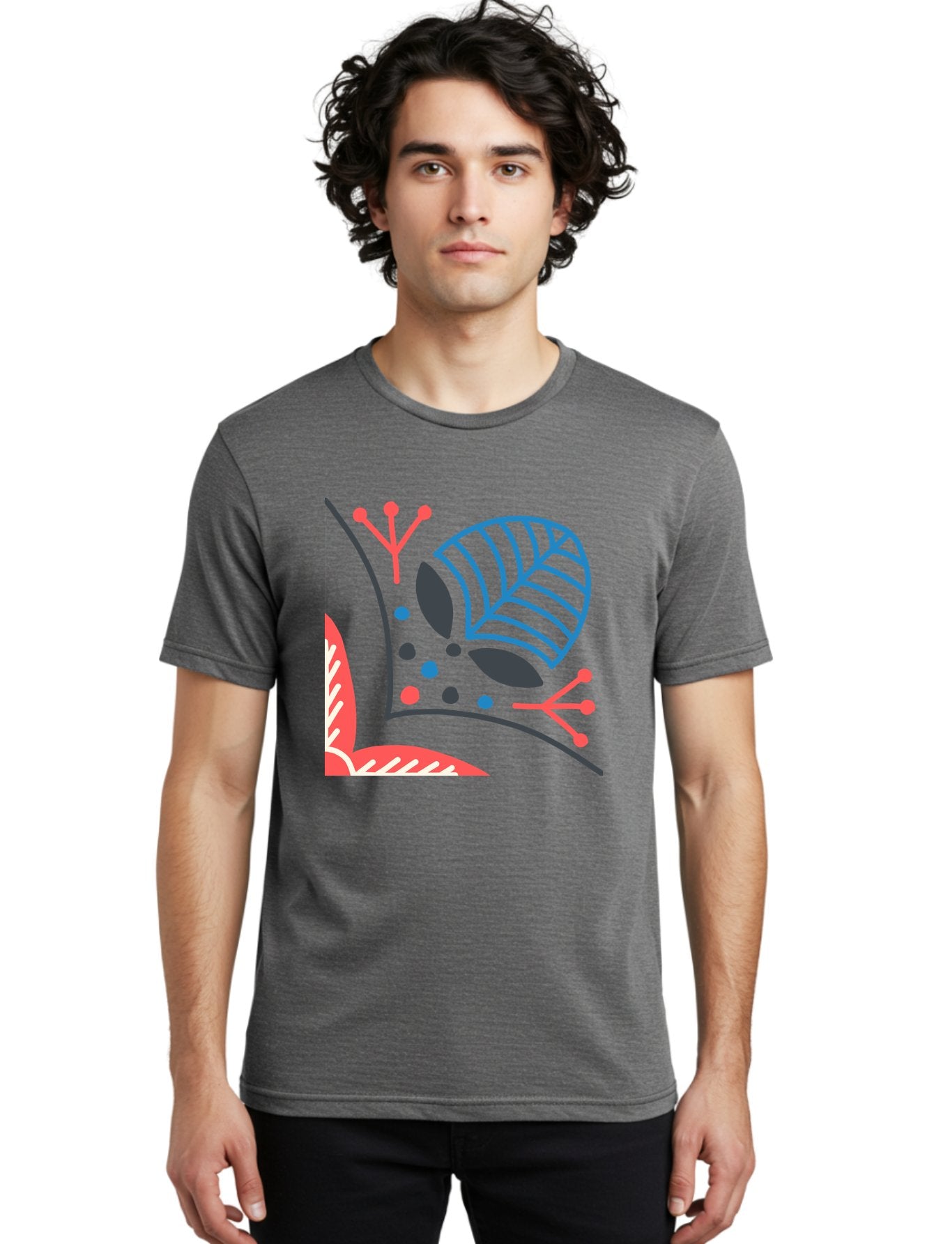 Abstract-Leaves Men'S Graphic Tee, 100% Cotton, Comfortable Casual Summer Wear, Machine Washable, Stylized Leaf, Abstract Foliage, Vibrant Colors, Playful Patterns, Blue Lines, Red Accents, Black Dots, Graphic Design Elements, Modern Art, Aab658 21