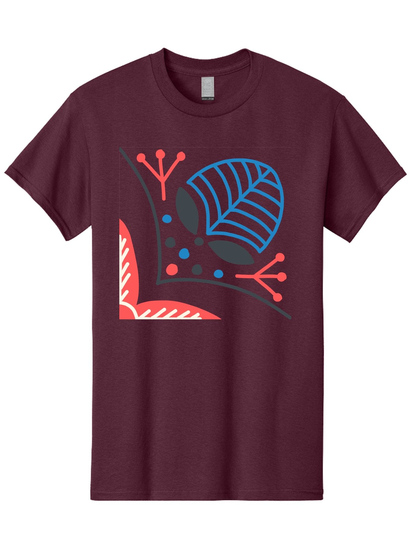 Abstract-Leaves Men'S Graphic Tee, 100% Cotton, Comfortable Casual Summer Wear, Machine Washable, Stylized Leaf, Abstract Foliage, Vibrant Colors, Playful Patterns, Blue Lines, Red Accents, Black Dots, Graphic Design Elements, Modern Art, Aab658 4