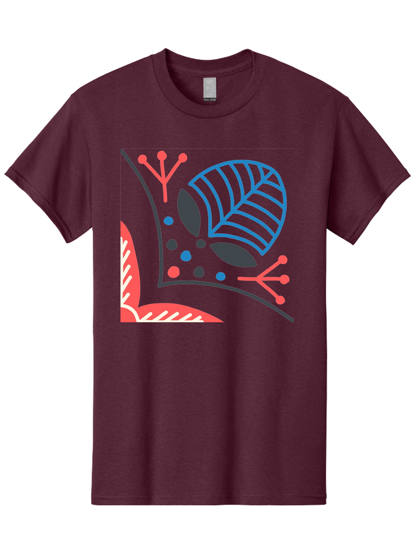 Abstract-Leaves Men'S Graphic Tee, 100% Cotton, Comfortable Casual Summer Wear, Machine Washable, Stylized Leaf, Abstract Foliage, Vibrant Colors, Playful Patterns, Blue Lines, Red Accents, Black Dots, Graphic Design Elements, Modern Art, Aab658 23