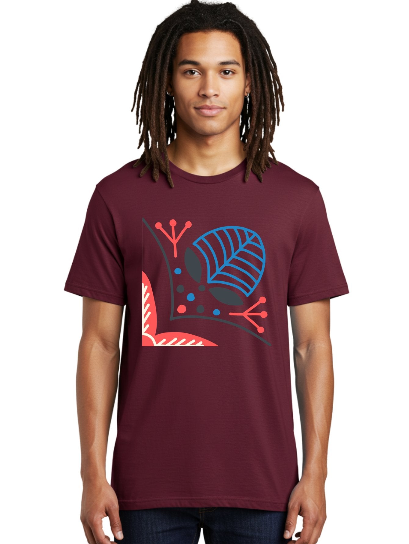 Abstract-Leaves Men'S Graphic Tee, 100% Cotton, Comfortable Casual Summer Wear, Machine Washable, Stylized Leaf, Abstract Foliage, Vibrant Colors, Playful Patterns, Blue Lines, Red Accents, Black Dots, Graphic Design Elements, Modern Art, Aab658 18