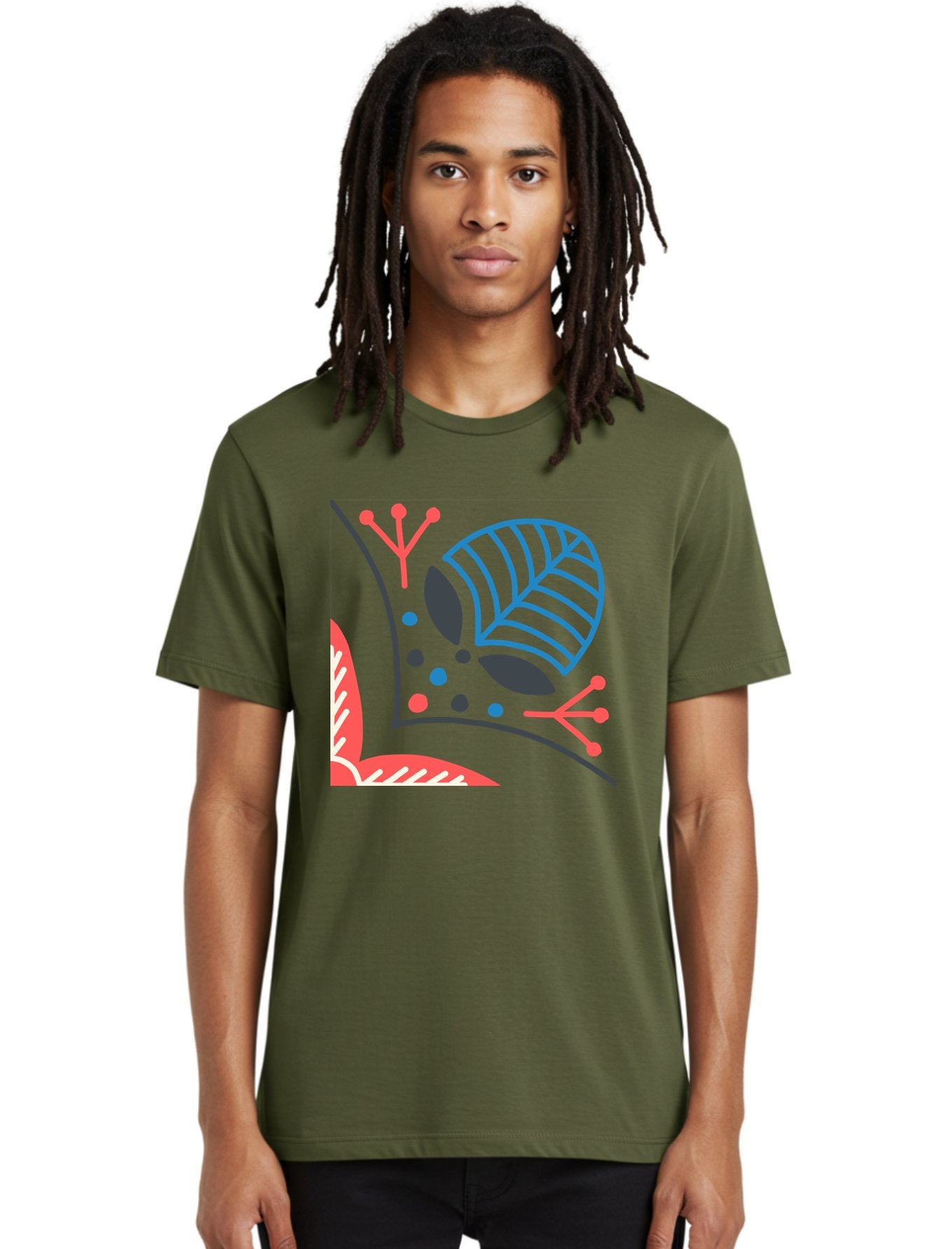 Abstract-Leaves Men'S Graphic Tee, 100% Cotton, Comfortable Casual Summer Wear, Machine Washable, Stylized Leaf, Abstract Foliage, Vibrant Colors, Playful Patterns, Blue Lines, Red Accents, Black Dots, Graphic Design Elements, Modern Art, Aab658 24