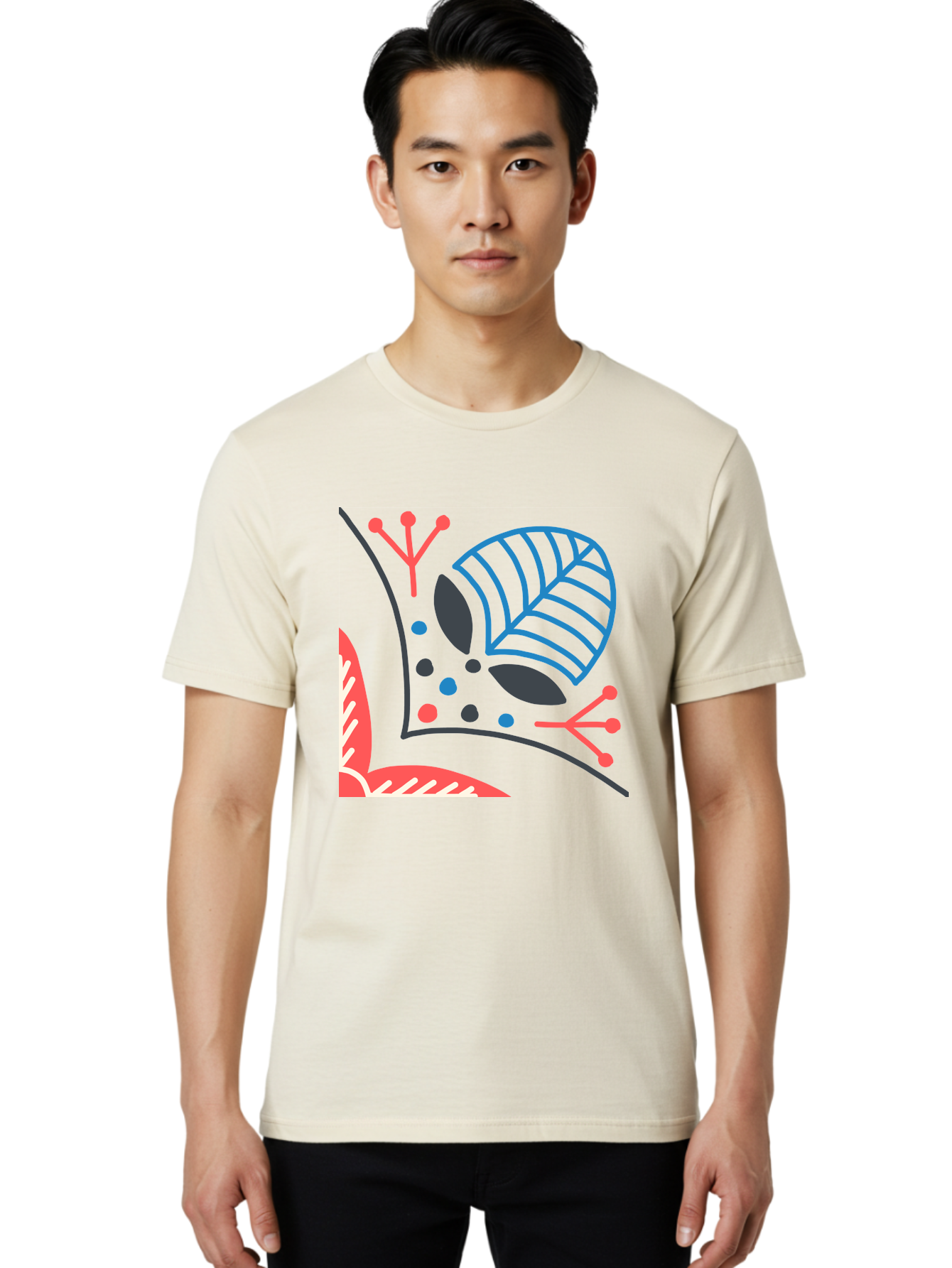 Abstract-Leaves Men'S Graphic Tee, 100% Cotton, Comfortable Casual Summer Wear, Machine Washable, Stylized Leaf, Abstract Foliage, Vibrant Colors, Playful Patterns, Blue Lines, Red Accents, Black Dots, Graphic Design Elements, Modern Art, Aab658