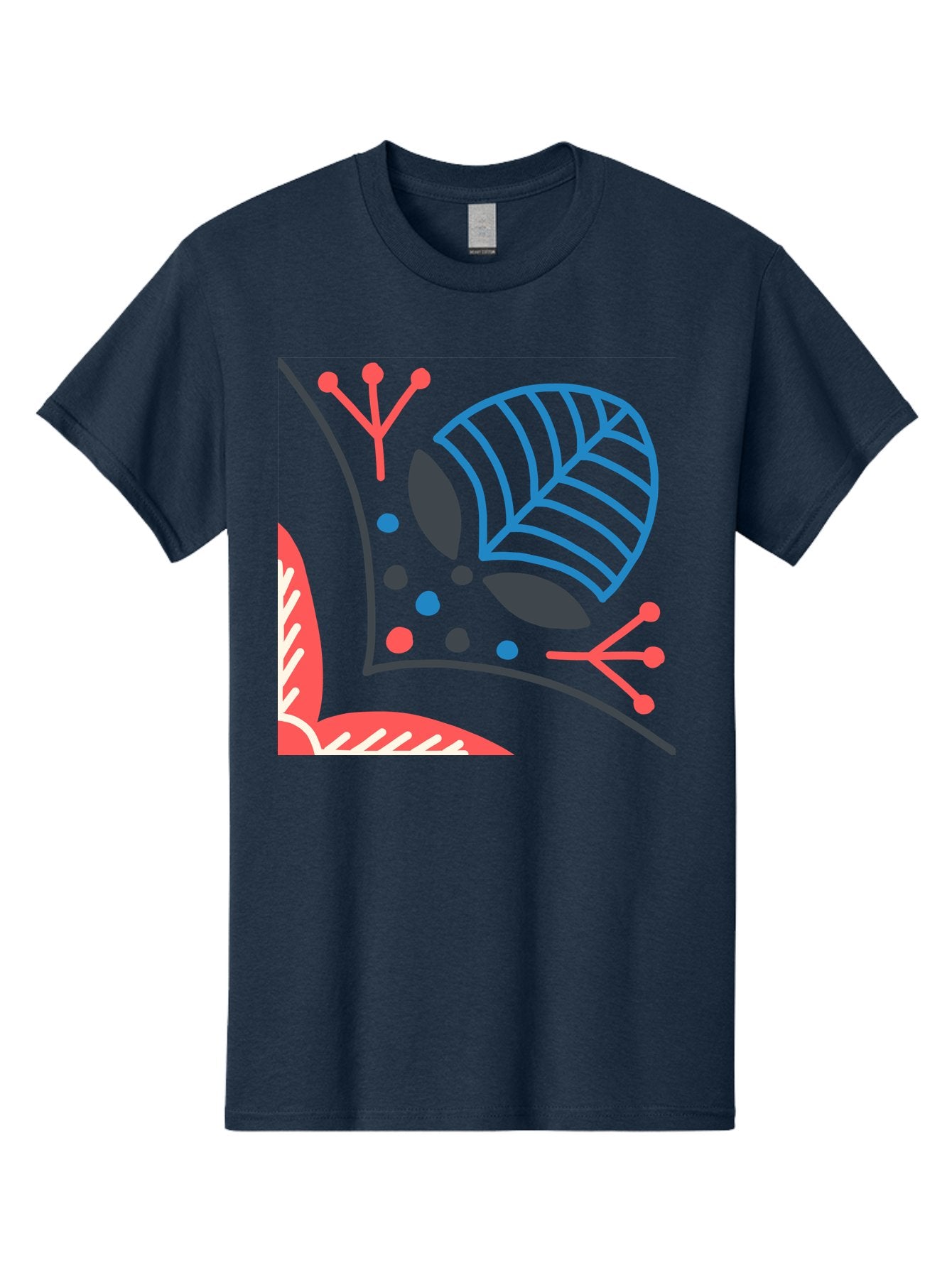 Abstract-Leaves Men'S Graphic Tee, 100% Cotton, Comfortable Casual Summer Wear, Machine Washable, Stylized Leaf, Abstract Foliage, Vibrant Colors, Playful Patterns, Blue Lines, Red Accents, Black Dots, Graphic Design Elements, Modern Art, Aab658 5