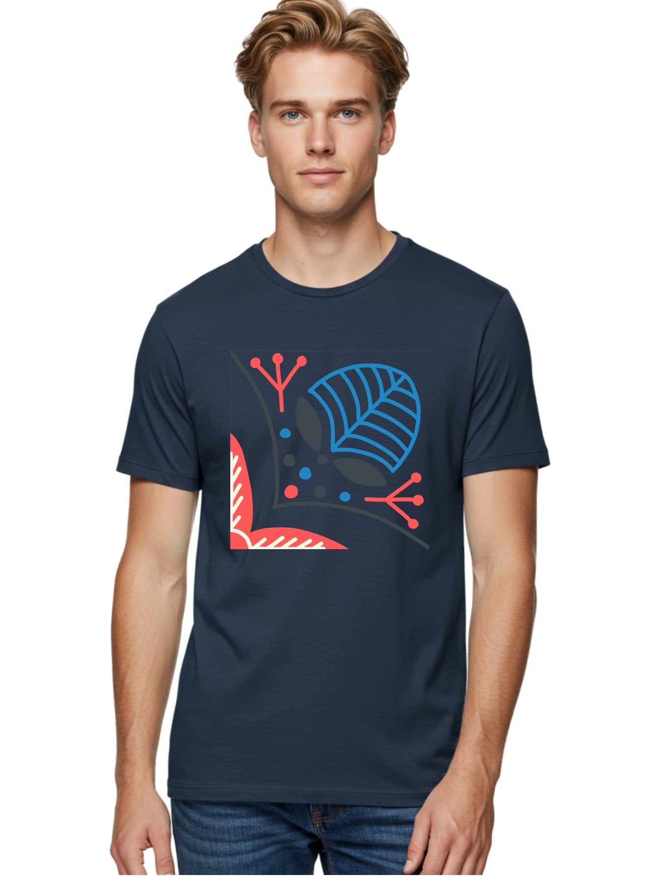 Abstract-Leaves Men'S Graphic Tee, 100% Cotton, Comfortable Casual Summer Wear, Machine Washable, Stylized Leaf, Abstract Foliage, Vibrant Colors, Playful Patterns, Blue Lines, Red Accents, Black Dots, Graphic Design Elements, Modern Art, Aab658 23