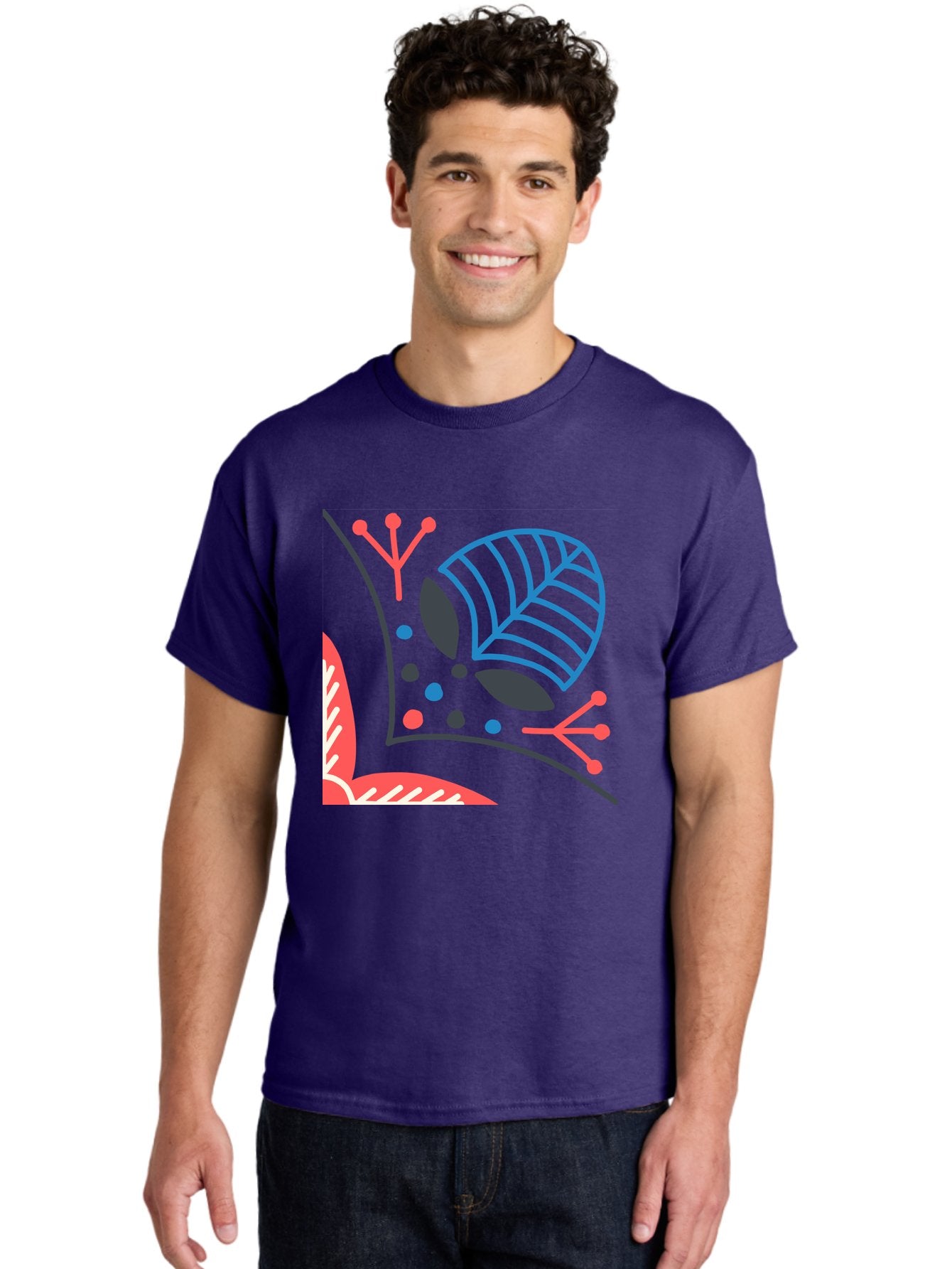 Abstract-Leaves Men'S Graphic Tee, 100% Cotton, Comfortable Casual Summer Wear, Machine Washable, Stylized Leaf, Abstract Foliage, Vibrant Colors, Playful Patterns, Blue Lines, Red Accents, Black Dots, Graphic Design Elements, Modern Art, Aab658 29