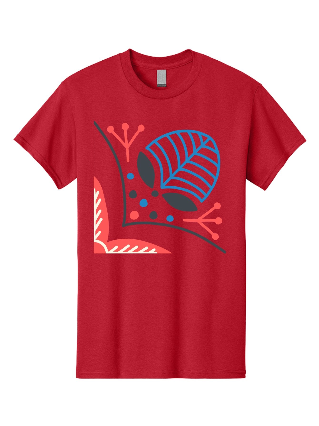 Abstract-Leaves Men'S Graphic Tee, 100% Cotton, Comfortable Casual Summer Wear, Machine Washable, Stylized Leaf, Abstract Foliage, Vibrant Colors, Playful Patterns, Blue Lines, Red Accents, Black Dots, Graphic Design Elements, Modern Art, Aab658 8