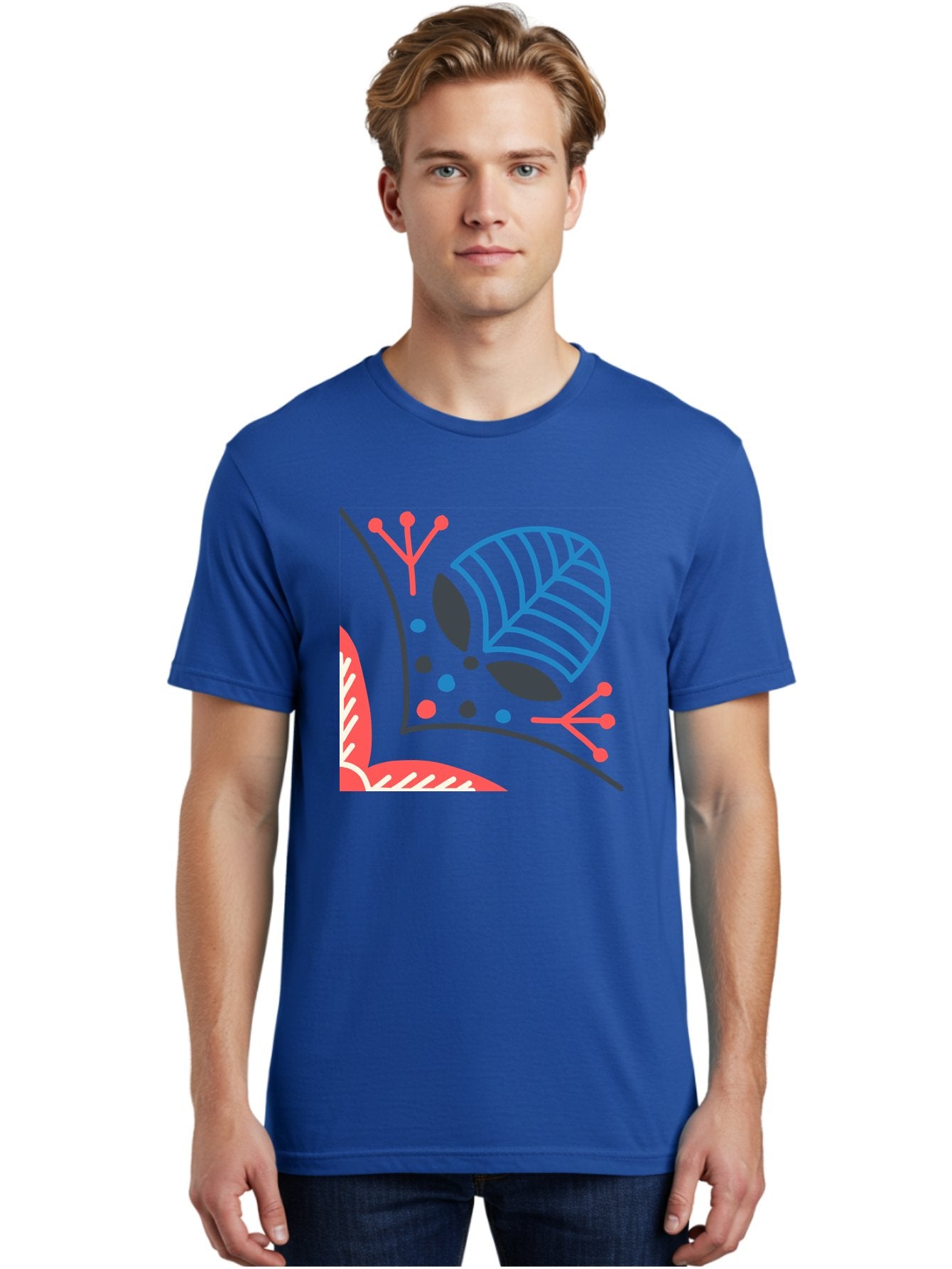 Abstract-Leaves Men'S Graphic Tee, 100% Cotton, Comfortable Casual Summer Wear, Machine Washable, Stylized Leaf, Abstract Foliage, Vibrant Colors, Playful Patterns, Blue Lines, Red Accents, Black Dots, Graphic Design Elements, Modern Art, Aab658 19