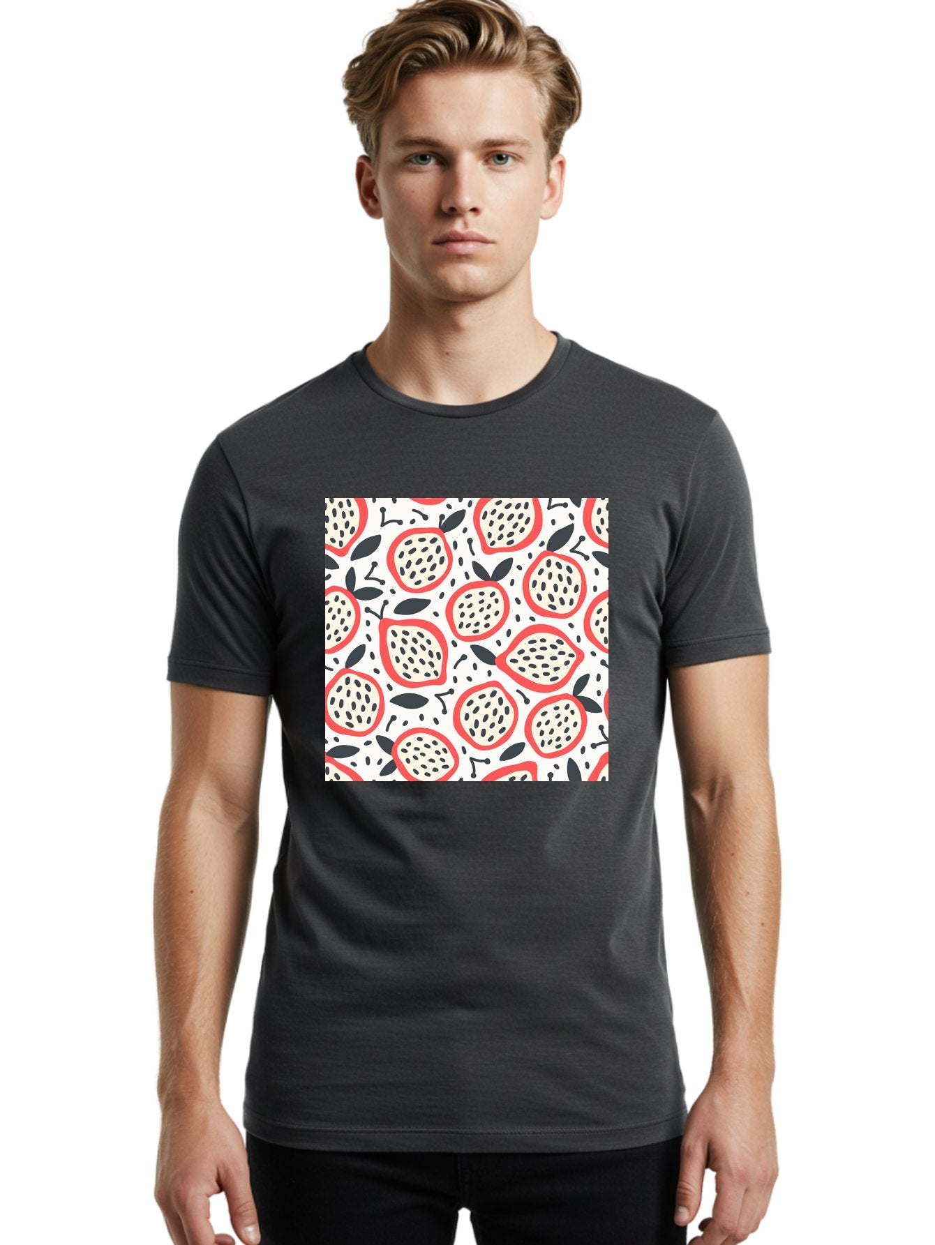 Apples-Pattern Men'S Graphic Tee, 100% Cotton, Comfortable Casual Summer Wear, Machine Washable, Lemon Pattern, Citrus Fruits, Red Outline, Black Seeds, Gray Leaves, White Background, Seamless Design, Fruit Illustration, Summery Vibe, Aab659 25