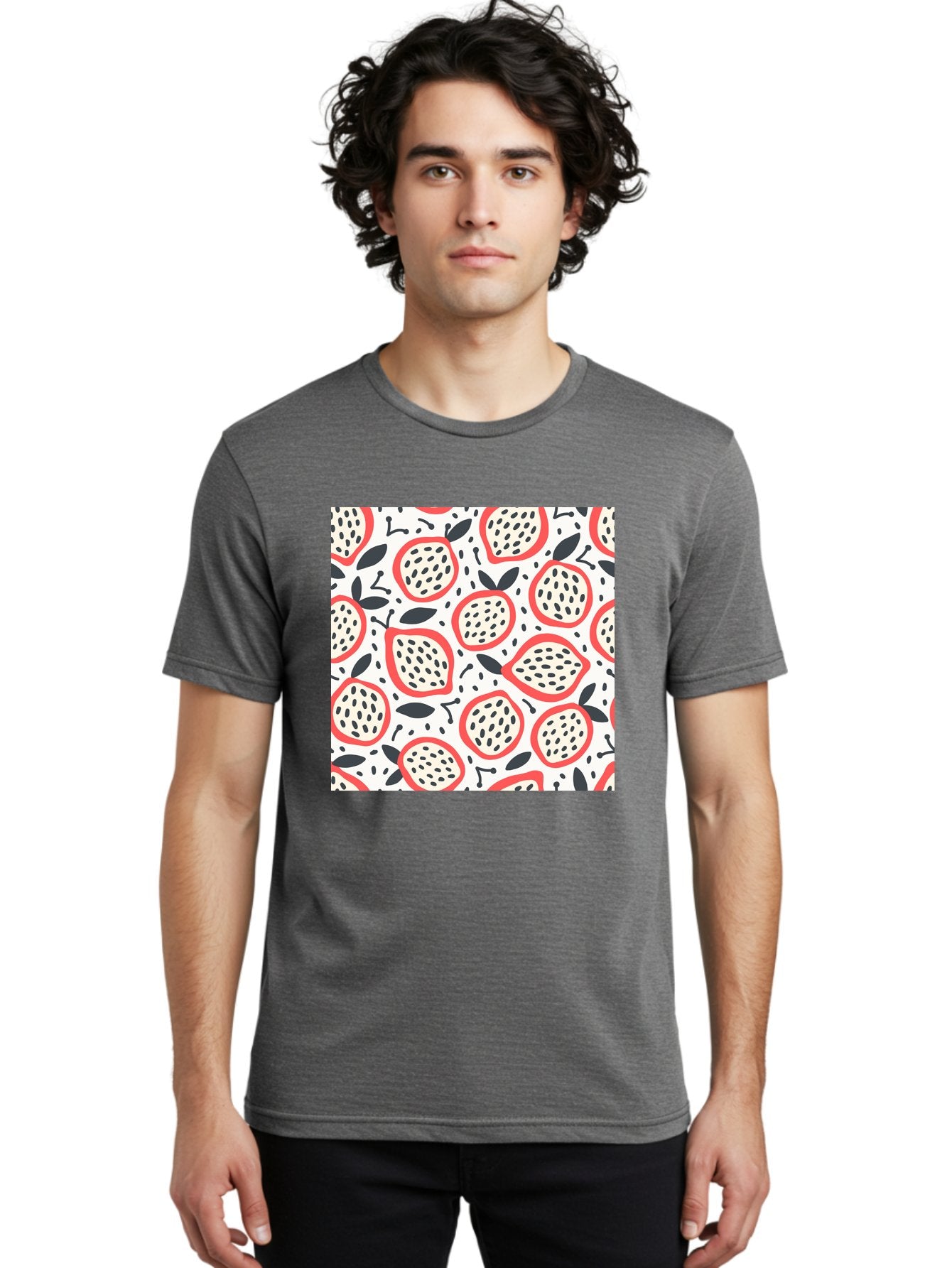 Apples-Pattern Men'S Graphic Tee, 100% Cotton, Comfortable Casual Summer Wear, Machine Washable, Lemon Pattern, Citrus Fruits, Red Outline, Black Seeds, Gray Leaves, White Background, Seamless Design, Fruit Illustration, Summery Vibe, Aab659 17