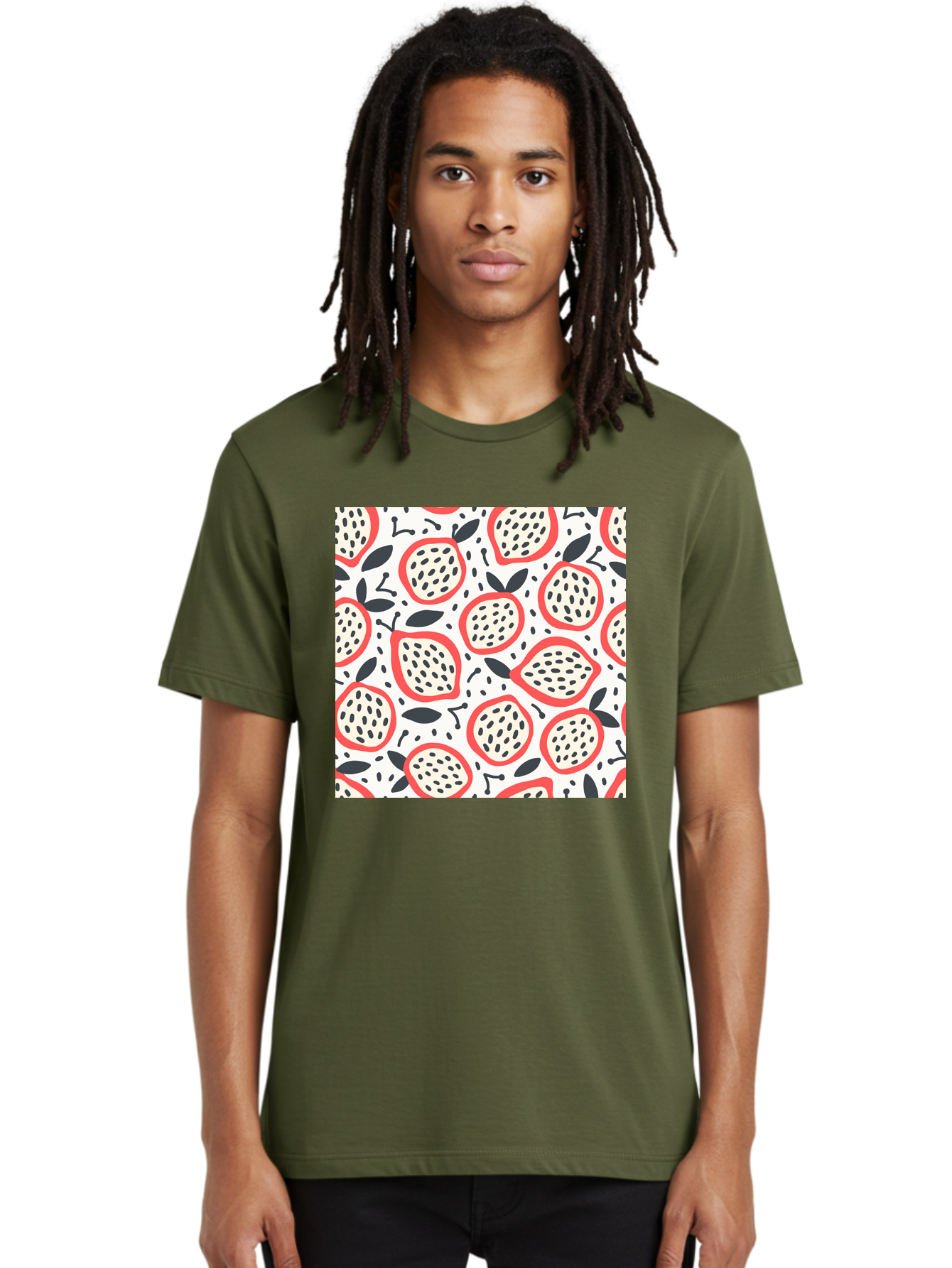 Apples-Pattern Men'S Graphic Tee, 100% Cotton, Comfortable Casual Summer Wear, Machine Washable, Lemon Pattern, Citrus Fruits, Red Outline, Black Seeds, Gray Leaves, White Background, Seamless Design, Fruit Illustration, Summery Vibe, Aab659