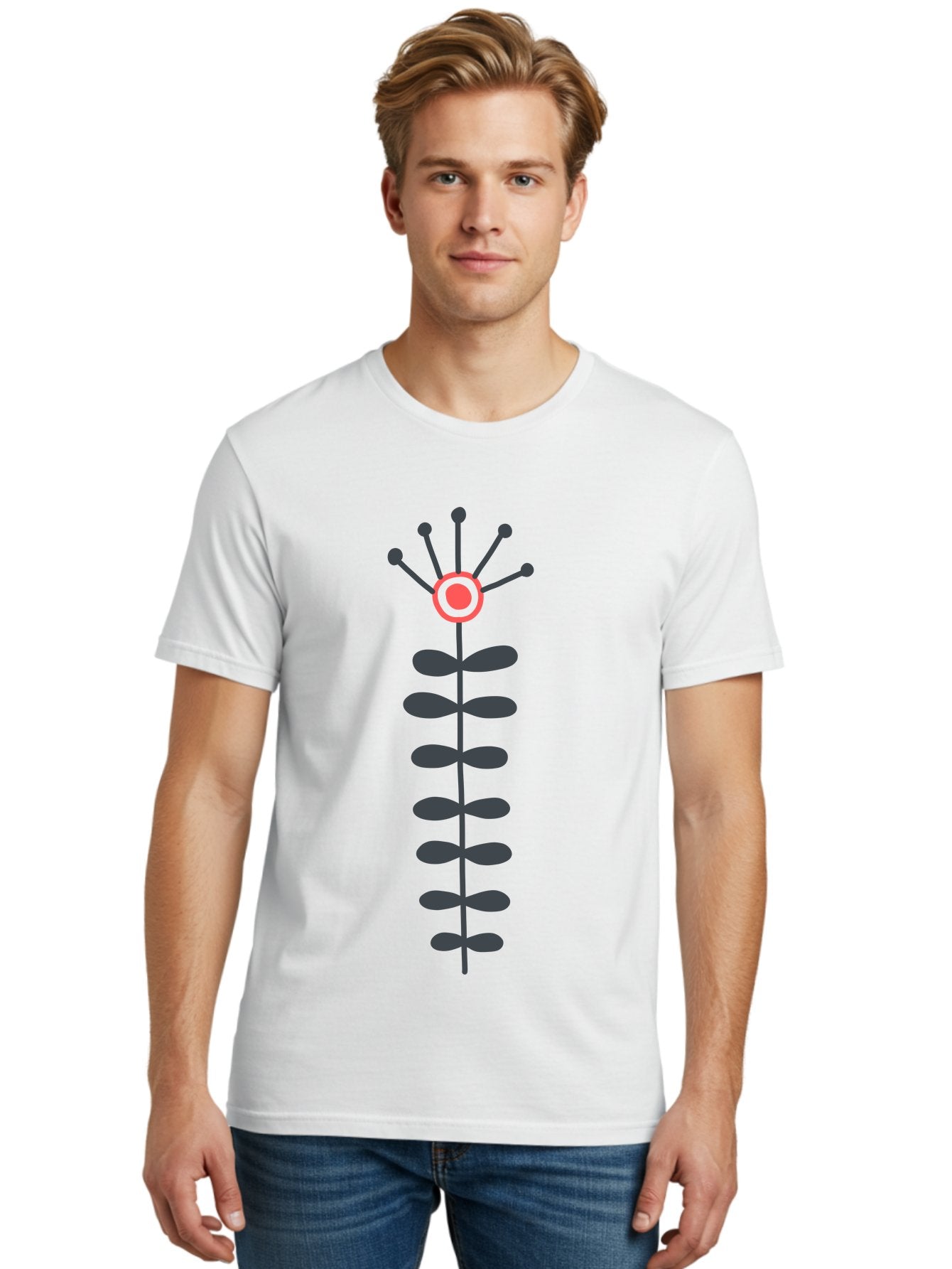 Atom Men'S Graphic Tee, 100% Cotton, Comfortable Casual Summer Wear, Machine Washable, Minimalist Flower Design, Simple Icon, Floral Symbol, Modern Graphic, Grey Petals, Pink Center Aab660 20