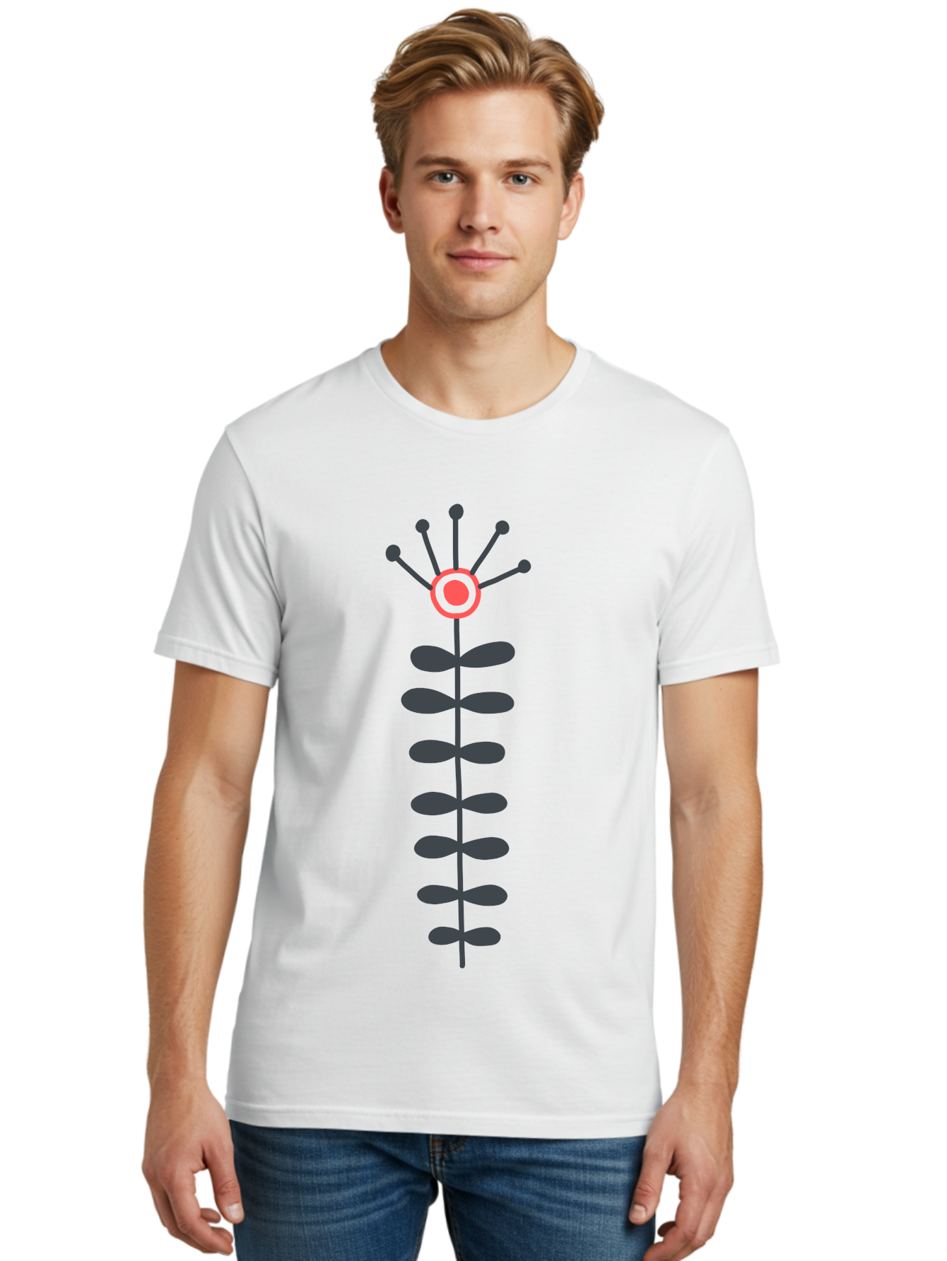 Atom Men'S Graphic Tee, 100% Cotton, Comfortable Casual Summer Wear, Machine Washable, Minimalist Flower Design, Simple Icon, Floral Symbol, Modern Graphic, Grey Petals, Pink Center Aab660 30