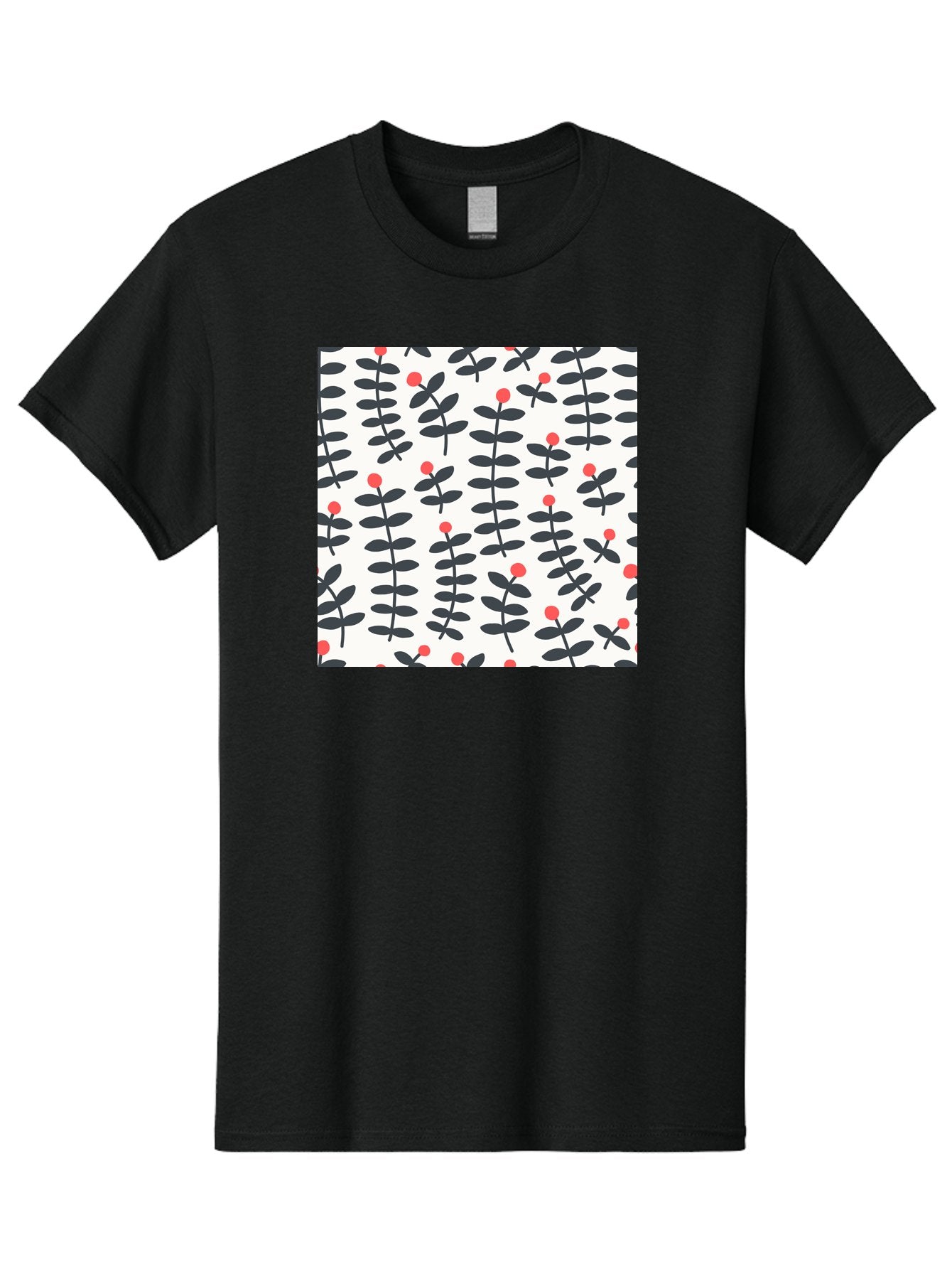 Berry-Pattern Men'S Graphic Tee, 100% Cotton, Comfortable Casual Summer Wear, Machine Washable, Berry Sprigs Pattern, Repeating Floral Design, Red Berries, Black Leaves, Minimalist Botanical, Folk Art Style, Whimsical Decoration, Aab661 4