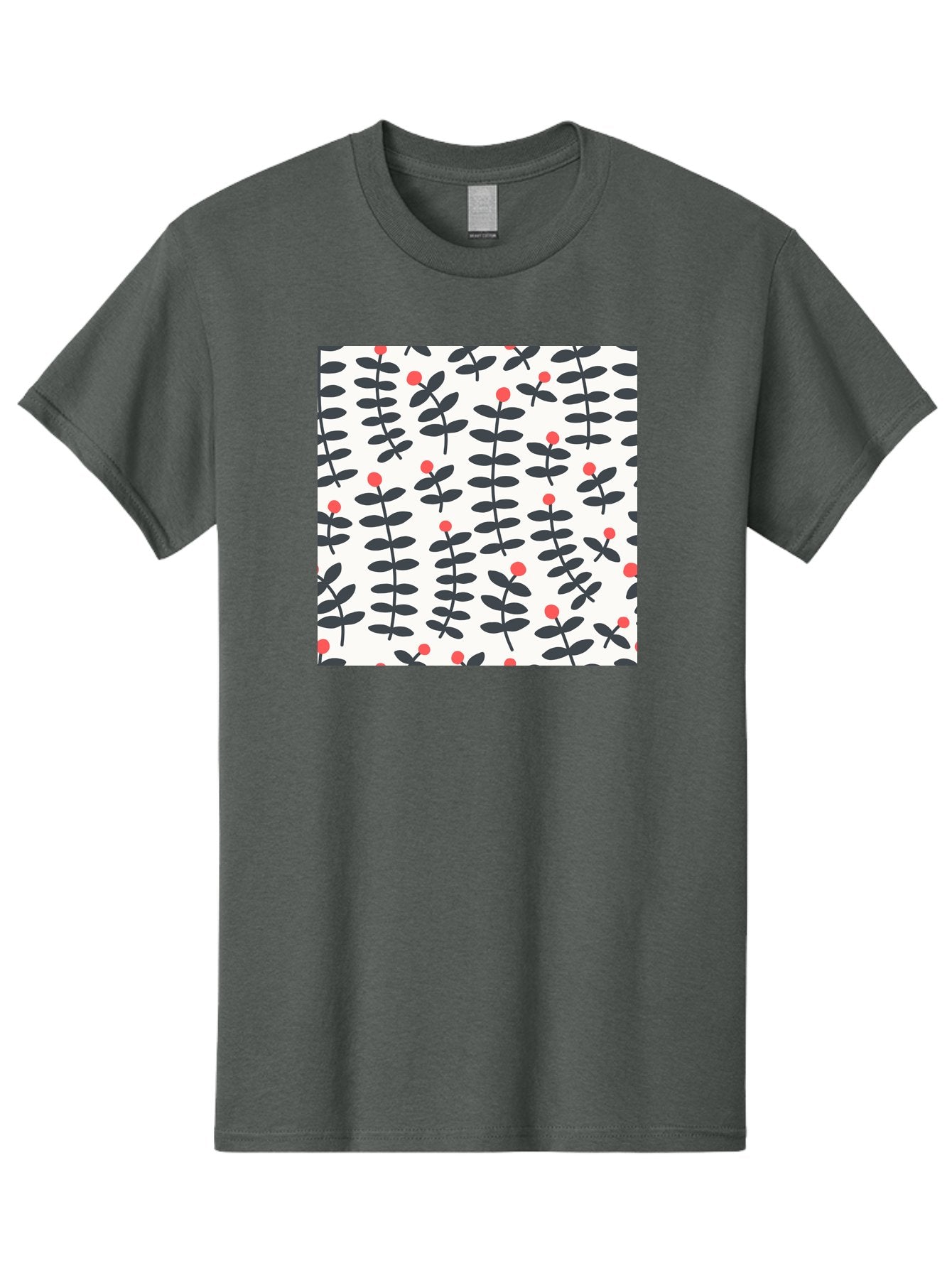 Berry-Pattern Men'S Graphic Tee, 100% Cotton, Comfortable Casual Summer Wear, Machine Washable, Berry Sprigs Pattern, Repeating Floral Design, Red Berries, Black Leaves, Minimalist Botanical, Folk Art Style, Whimsical Decoration, Aab661 15