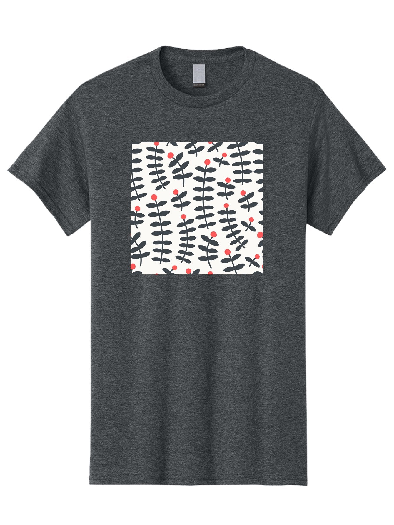 Berry-Pattern Men'S Graphic Tee, 100% Cotton, Comfortable Casual Summer Wear, Machine Washable, Berry Sprigs Pattern, Repeating Floral Design, Red Berries, Black Leaves, Minimalist Botanical, Folk Art Style, Whimsical Decoration, Aab661 13