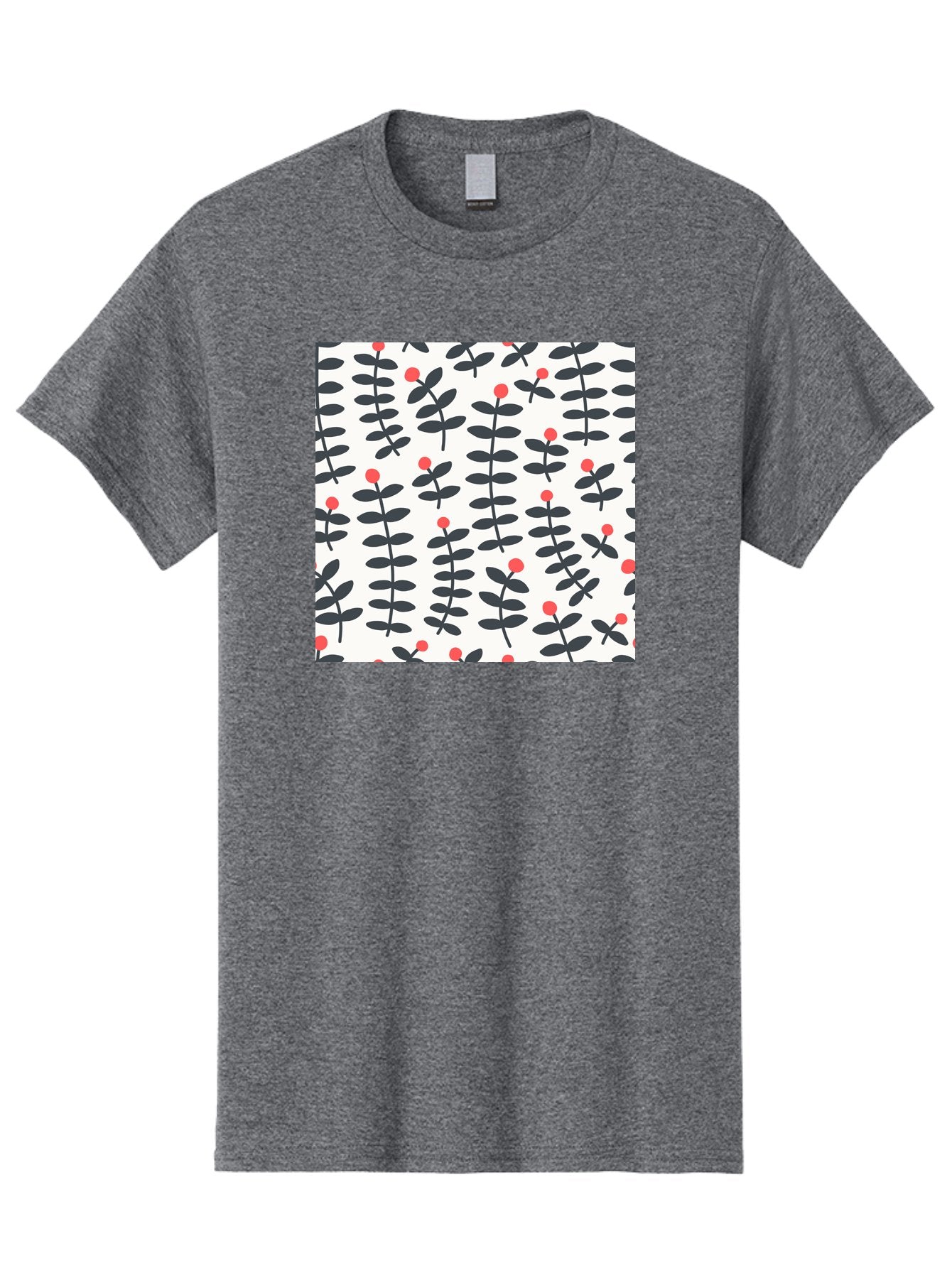 Berry-Pattern Men'S Graphic Tee, 100% Cotton, Comfortable Casual Summer Wear, Machine Washable, Berry Sprigs Pattern, Repeating Floral Design, Red Berries, Black Leaves, Minimalist Botanical, Folk Art Style, Whimsical Decoration, Aab661