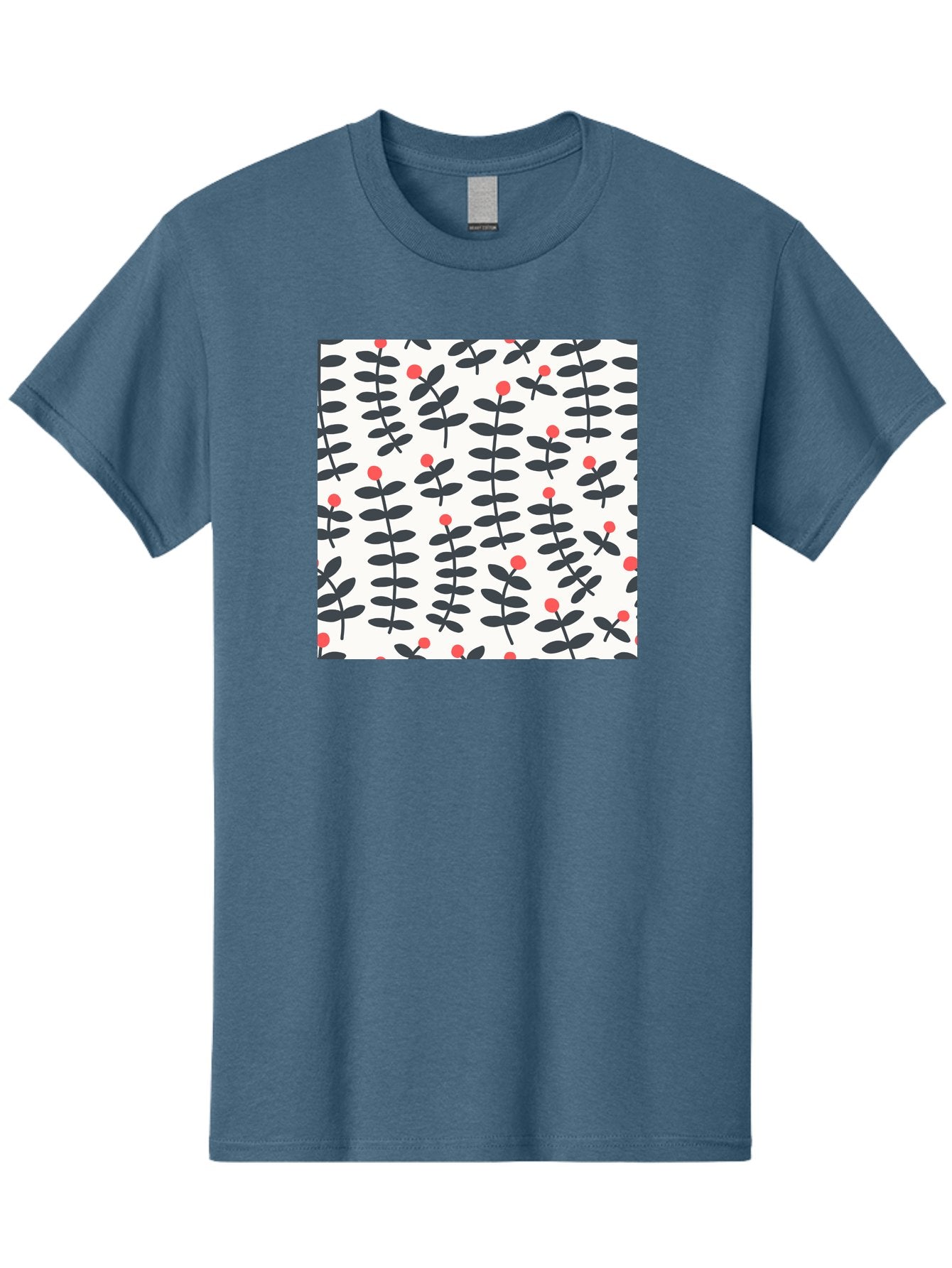 Berry-Pattern Men'S Graphic Tee, 100% Cotton, Comfortable Casual Summer Wear, Machine Washable, Berry Sprigs Pattern, Repeating Floral Design, Red Berries, Black Leaves, Minimalist Botanical, Folk Art Style, Whimsical Decoration, Aab661 3