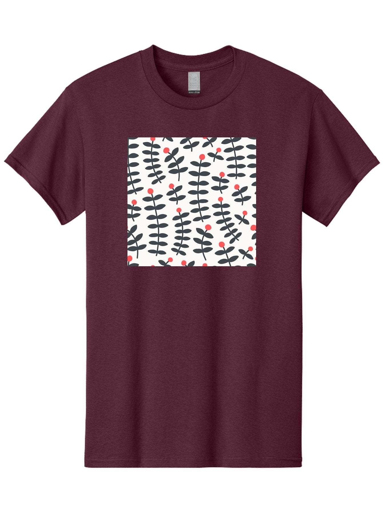 Berry-Pattern Men'S Graphic Tee, 100% Cotton, Comfortable Casual Summer Wear, Machine Washable, Berry Sprigs Pattern, Repeating Floral Design, Red Berries, Black Leaves, Minimalist Botanical, Folk Art Style, Whimsical Decoration, Aab661 9