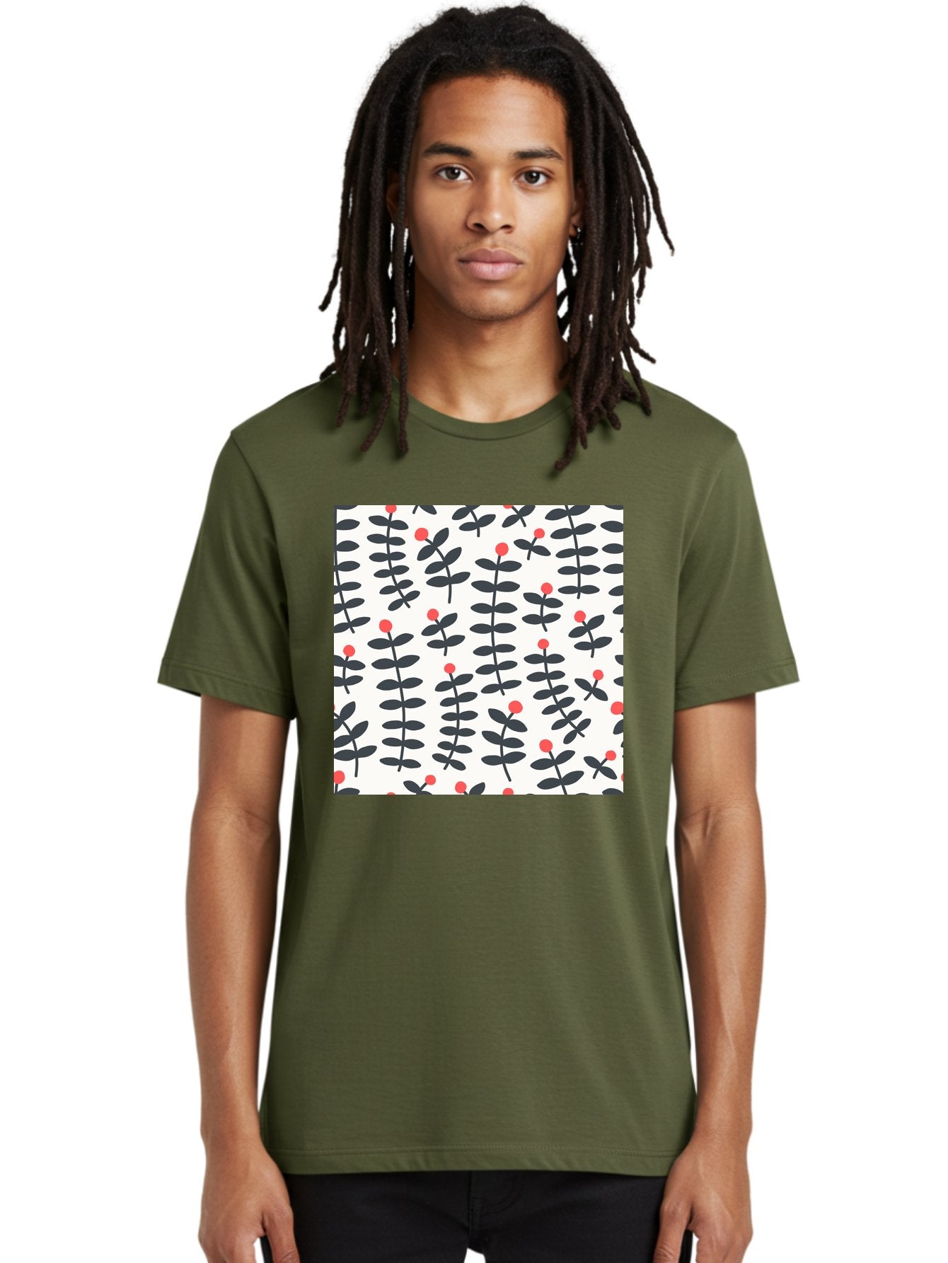 Berry-Pattern Men'S Graphic Tee, 100% Cotton, Comfortable Casual Summer Wear, Machine Washable, Berry Sprigs Pattern, Repeating Floral Design, Red Berries, Black Leaves, Minimalist Botanical, Folk Art Style, Whimsical Decoration, Aab661 23