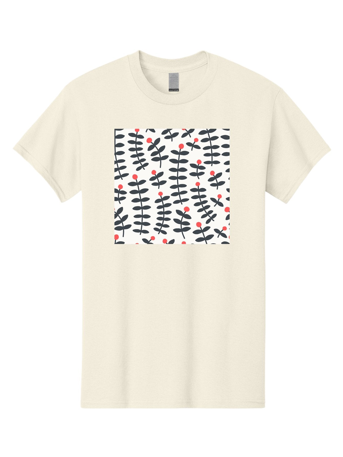 Berry-Pattern Men'S Graphic Tee, 100% Cotton, Comfortable Casual Summer Wear, Machine Washable, Berry Sprigs Pattern, Repeating Floral Design, Red Berries, Black Leaves, Minimalist Botanical, Folk Art Style, Whimsical Decoration, Aab661 8