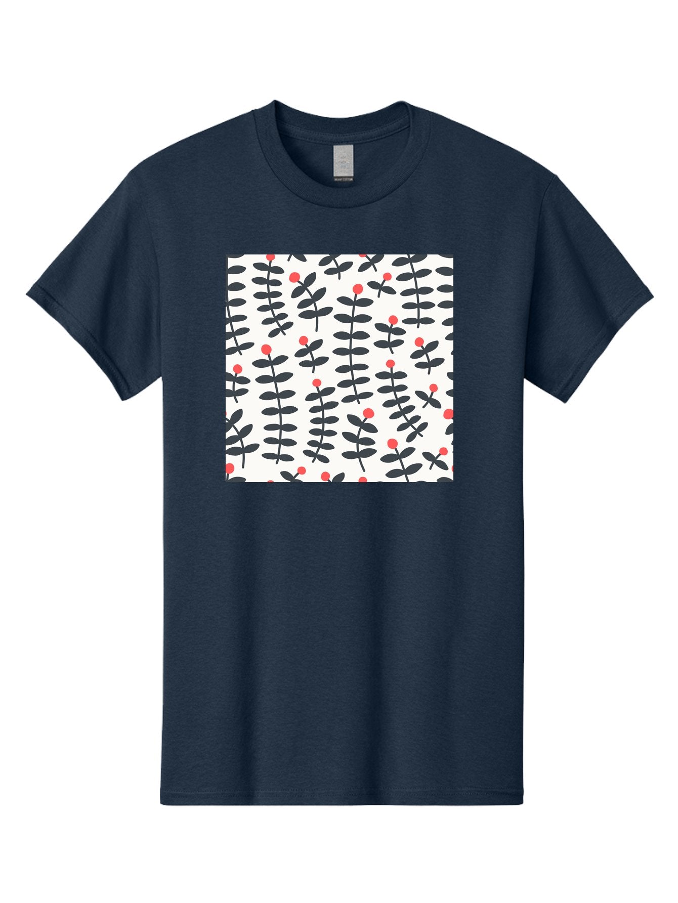 Berry-Pattern Men'S Graphic Tee, 100% Cotton, Comfortable Casual Summer Wear, Machine Washable, Berry Sprigs Pattern, Repeating Floral Design, Red Berries, Black Leaves, Minimalist Botanical, Folk Art Style, Whimsical Decoration, Aab661 10
