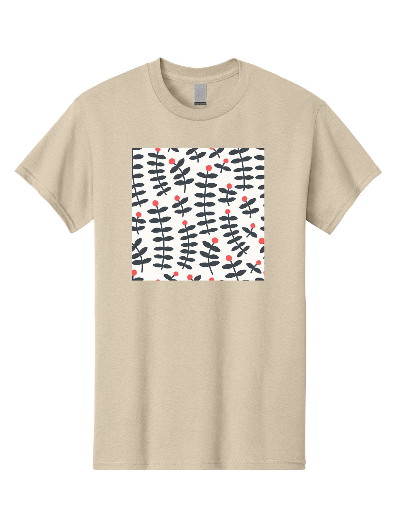 Berry-Pattern Men'S Graphic Tee, 100% Cotton, Comfortable Casual Summer Wear, Machine Washable, Berry Sprigs Pattern, Repeating Floral Design, Red Berries, Black Leaves, Minimalist Botanical, Folk Art Style, Whimsical Decoration, Aab661 7