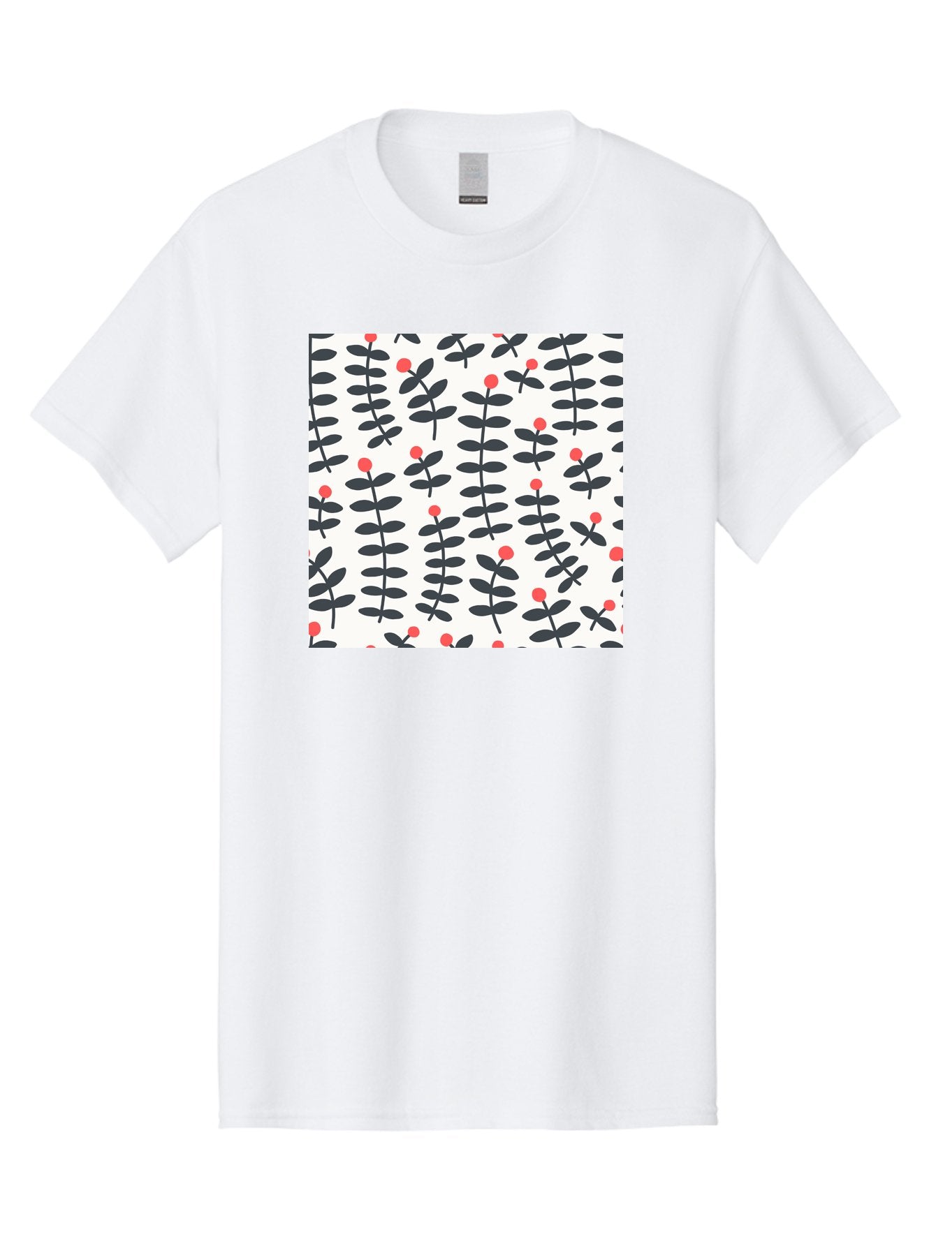 Berry-Pattern Men'S Graphic Tee, 100% Cotton, Comfortable Casual Summer Wear, Machine Washable, Berry Sprigs Pattern, Repeating Floral Design, Red Berries, Black Leaves, Minimalist Botanical, Folk Art Style, Whimsical Decoration, Aab661 6