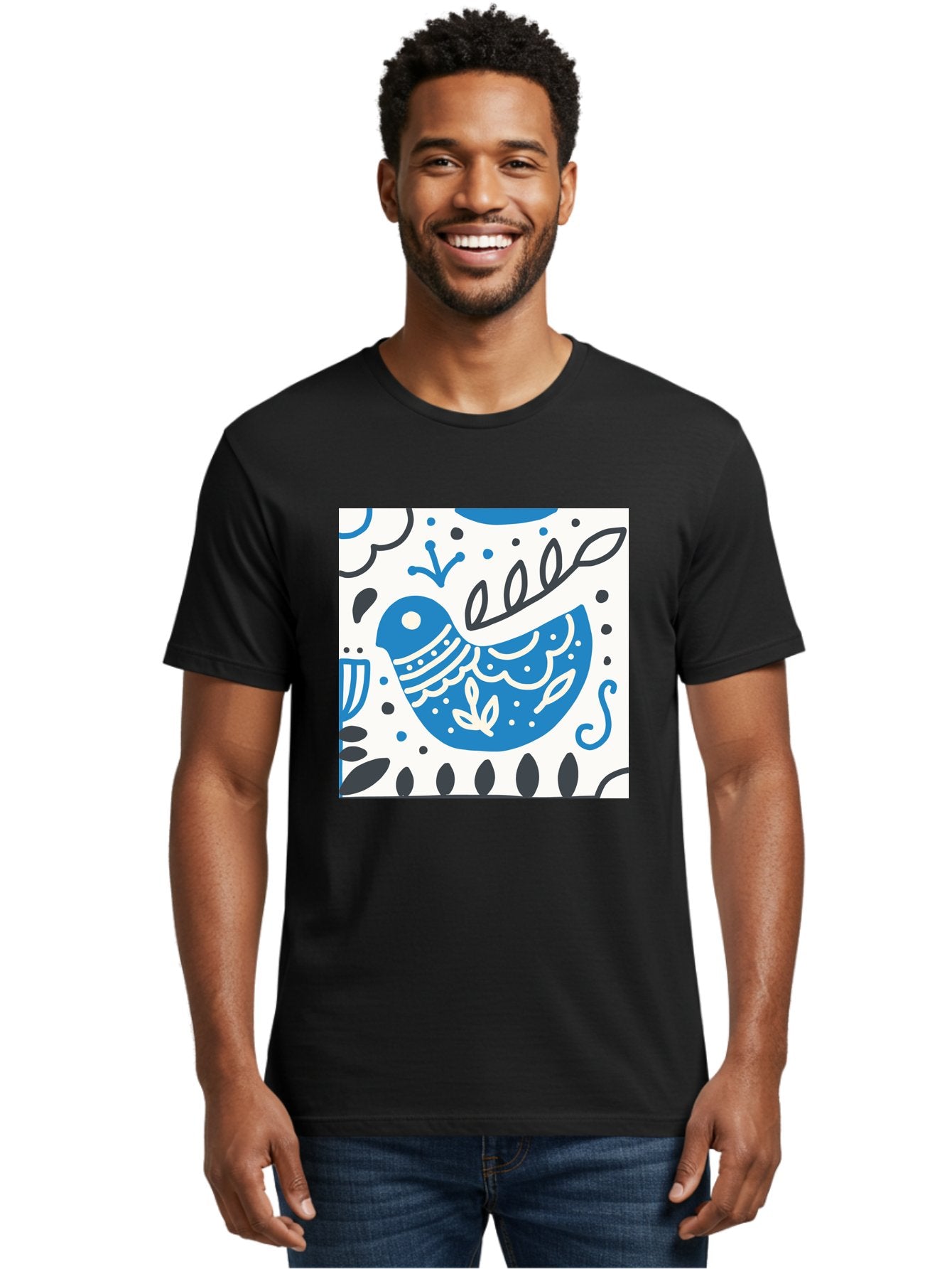Bird-Illustration Men'S Graphic Tee, 100% Cotton, Comfortable Casual Summer Wear, Machine Washable, Blue Bird, White Patterns, Black Accents, Abstract Shapes, Doodle Art, Whimsical Design, Playful Patterns, Hand Drawn, Graphic Illustration, Aab662 24