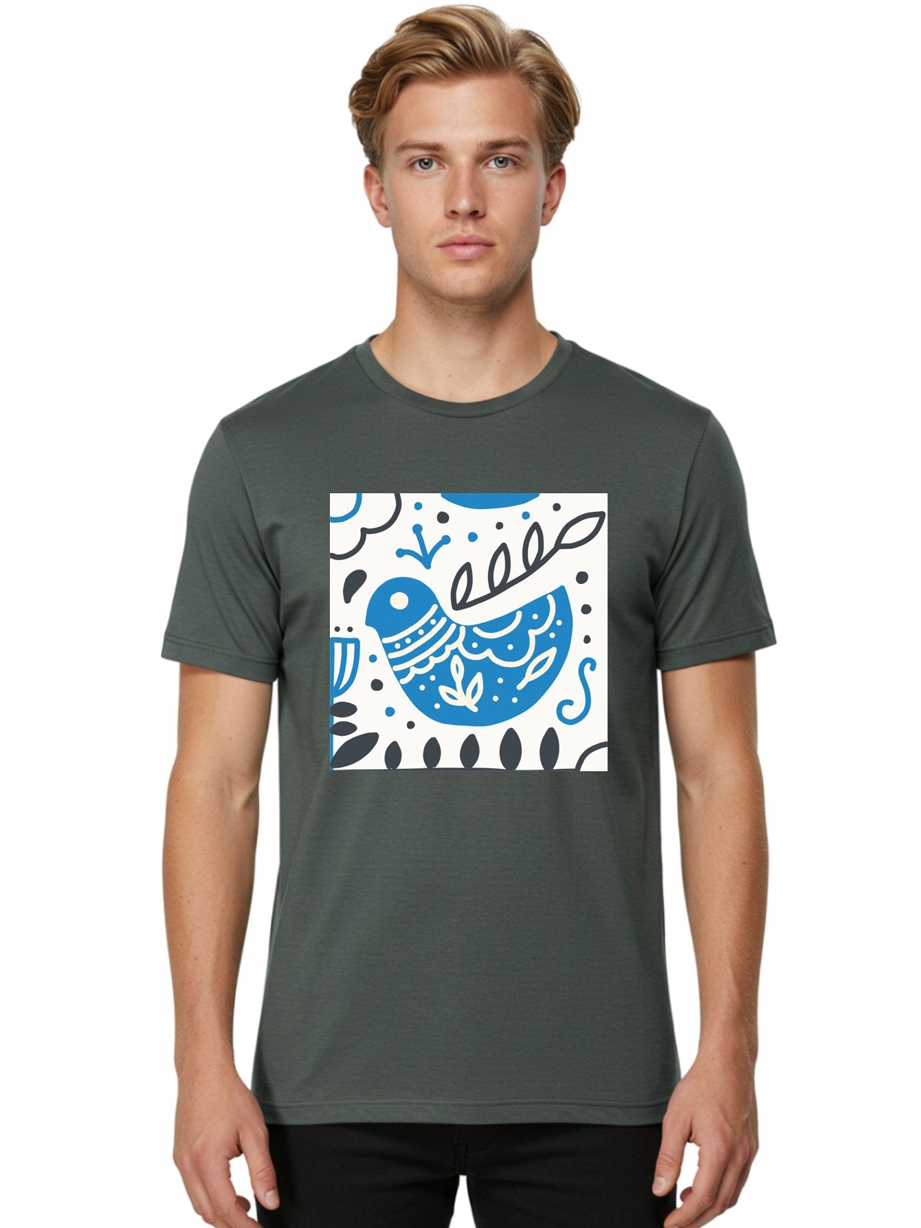 Bird-Illustration Men'S Graphic Tee, 100% Cotton, Comfortable Casual Summer Wear, Machine Washable, Blue Bird, White Patterns, Black Accents, Abstract Shapes, Doodle Art, Whimsical Design, Playful Patterns, Hand Drawn, Graphic Illustration, Aab662 18