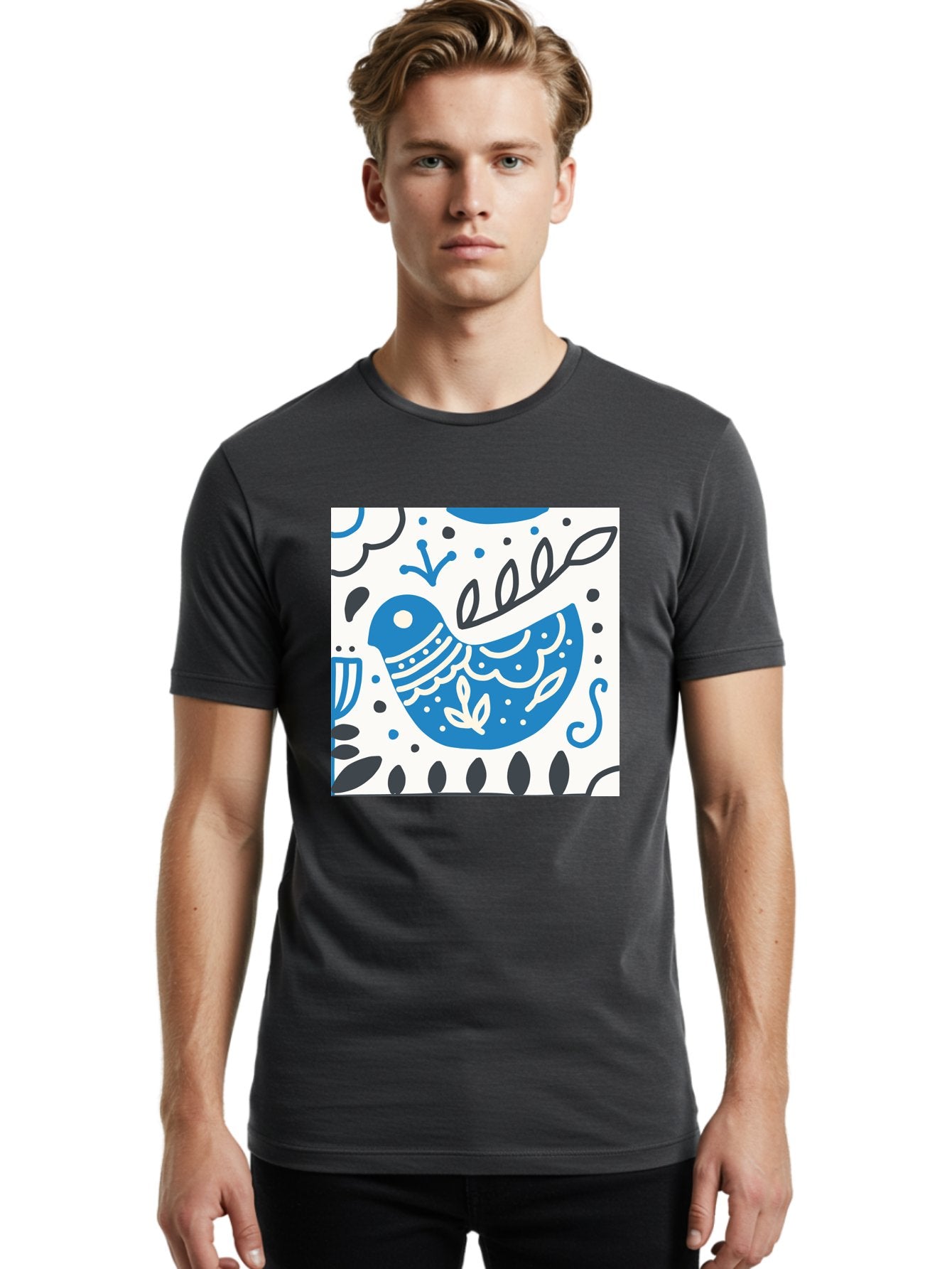 Bird-Illustration Men'S Graphic Tee, 100% Cotton, Comfortable Casual Summer Wear, Machine Washable, Blue Bird, White Patterns, Black Accents, Abstract Shapes, Doodle Art, Whimsical Design, Playful Patterns, Hand Drawn, Graphic Illustration, Aab662 25