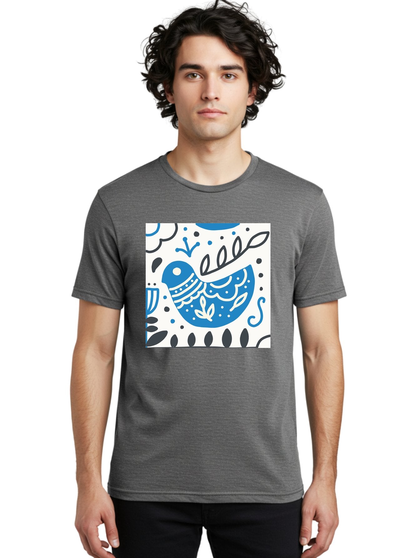 Bird-Illustration Men'S Graphic Tee, 100% Cotton, Comfortable Casual Summer Wear, Machine Washable, Blue Bird, White Patterns, Black Accents, Abstract Shapes, Doodle Art, Whimsical Design, Playful Patterns, Hand Drawn, Graphic Illustration, Aab662 17