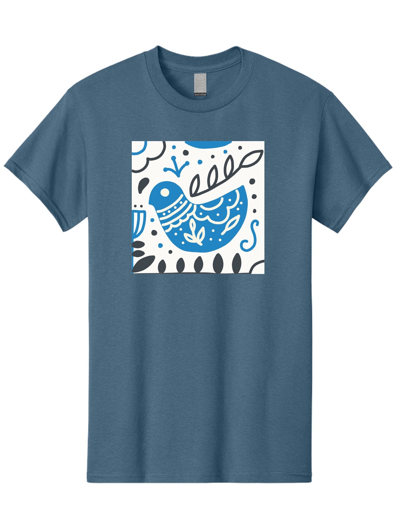 Bird-Illustration Men'S Graphic Tee, 100% Cotton, Comfortable Casual Summer Wear, Machine Washable, Blue Bird, White Patterns, Black Accents, Abstract Shapes, Doodle Art, Whimsical Design, Playful Patterns, Hand Drawn, Graphic Illustration, Aab662 5