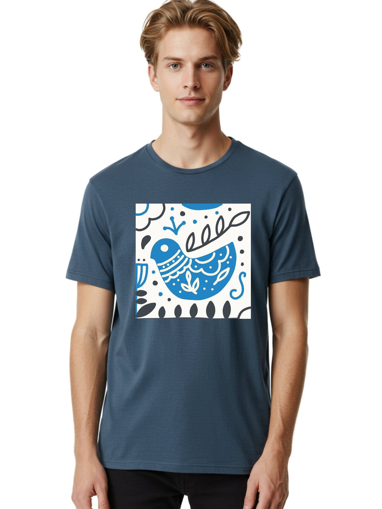 Bird-Illustration Men'S Graphic Tee, 100% Cotton, Comfortable Casual Summer Wear, Machine Washable, Blue Bird, White Patterns, Black Accents, Abstract Shapes, Doodle Art, Whimsical Design, Playful Patterns, Hand Drawn, Graphic Illustration, Aab662 23