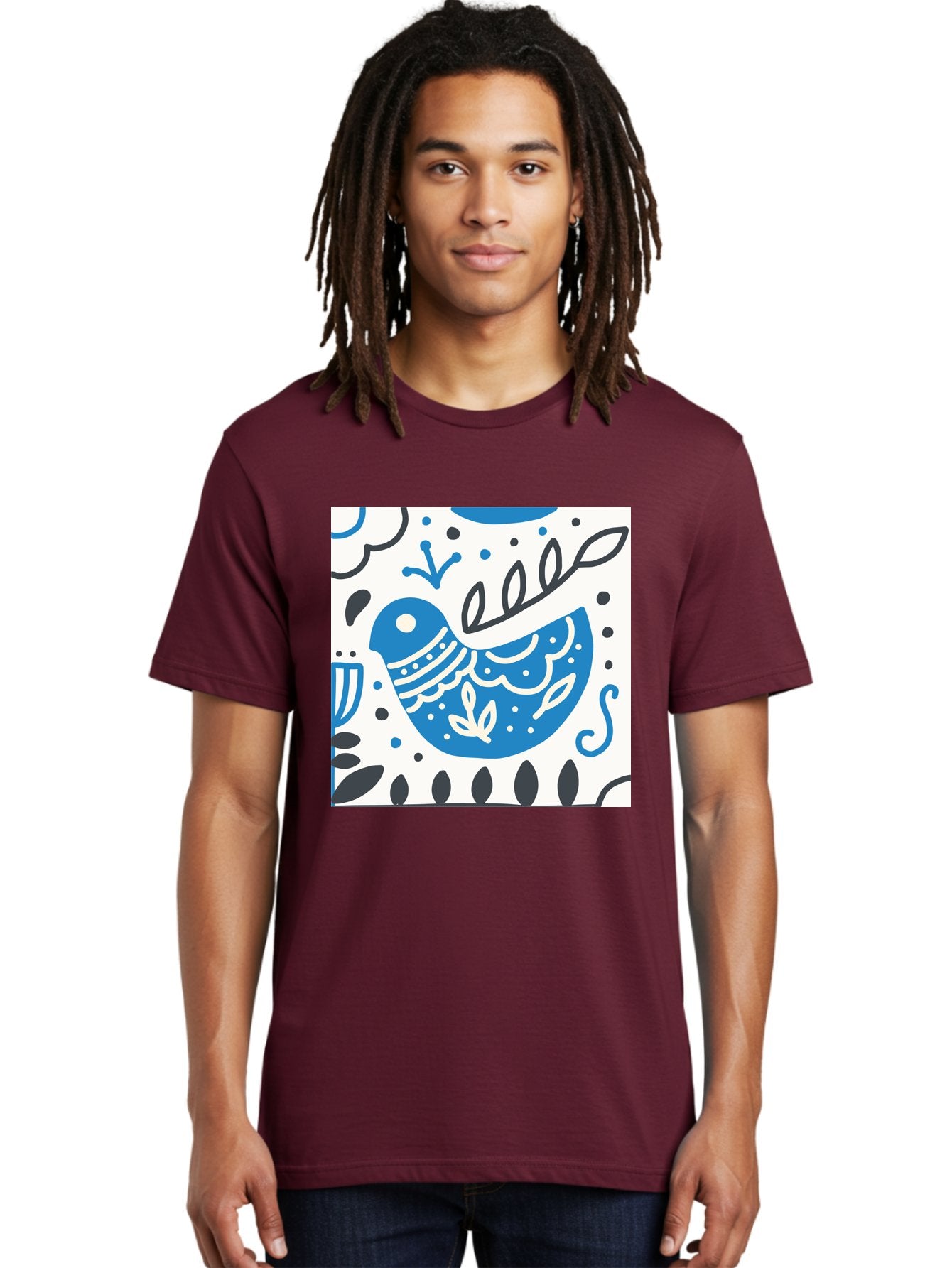 Bird-Illustration Men'S Graphic Tee, 100% Cotton, Comfortable Casual Summer Wear, Machine Washable, Blue Bird, White Patterns, Black Accents, Abstract Shapes, Doodle Art, Whimsical Design, Playful Patterns, Hand Drawn, Graphic Illustration, Aab662 26