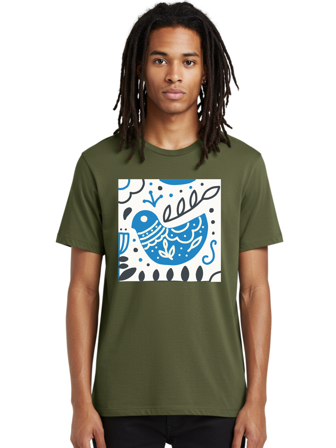 Bird-Illustration Men'S Graphic Tee, 100% Cotton, Comfortable Casual Summer Wear, Machine Washable, Blue Bird, White Patterns, Black Accents, Abstract Shapes, Doodle Art, Whimsical Design, Playful Patterns, Hand Drawn, Graphic Illustration, Aab662