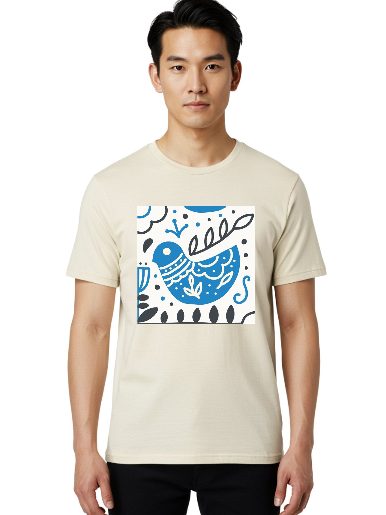 Bird-Illustration Men'S Graphic Tee, 100% Cotton, Comfortable Casual Summer Wear, Machine Washable, Blue Bird, White Patterns, Black Accents, Abstract Shapes, Doodle Art, Whimsical Design, Playful Patterns, Hand Drawn, Graphic Illustration, Aab662 27