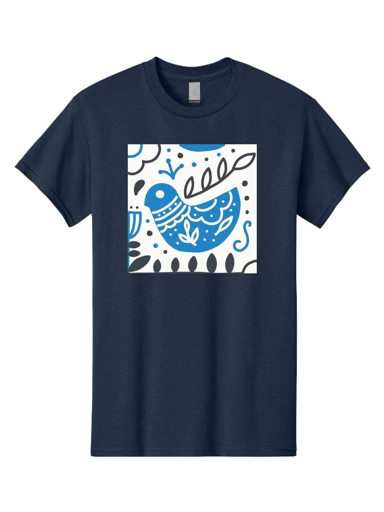 Bird-Illustration Men'S Graphic Tee, 100% Cotton, Comfortable Casual Summer Wear, Machine Washable, Blue Bird, White Patterns, Black Accents, Abstract Shapes, Doodle Art, Whimsical Design, Playful Patterns, Hand Drawn, Graphic Illustration, Aab662