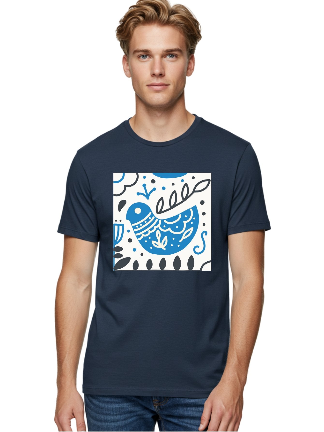 Bird-Illustration Men'S Graphic Tee, 100% Cotton, Comfortable Casual Summer Wear, Machine Washable, Blue Bird, White Patterns, Black Accents, Abstract Shapes, Doodle Art, Whimsical Design, Playful Patterns, Hand Drawn, Graphic Illustration, Aab662 21