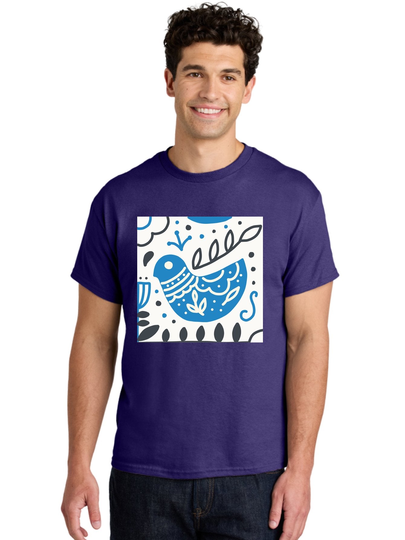 Bird-Illustration Men'S Graphic Tee, 100% Cotton, Comfortable Casual Summer Wear, Machine Washable, Blue Bird, White Patterns, Black Accents, Abstract Shapes, Doodle Art, Whimsical Design, Playful Patterns, Hand Drawn, Graphic Illustration, Aab662 28