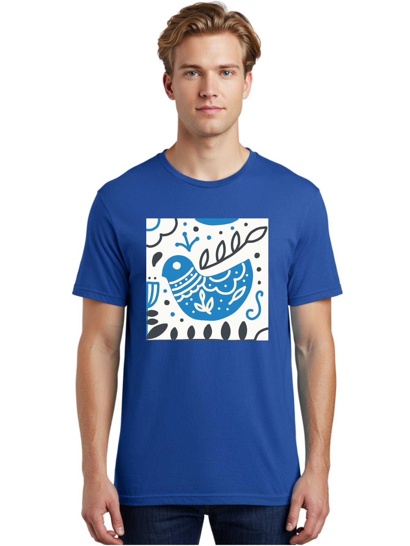 Bird-Illustration Men'S Graphic Tee, 100% Cotton, Comfortable Casual Summer Wear, Machine Washable, Blue Bird, White Patterns, Black Accents, Abstract Shapes, Doodle Art, Whimsical Design, Playful Patterns, Hand Drawn, Graphic Illustration, Aab662 22