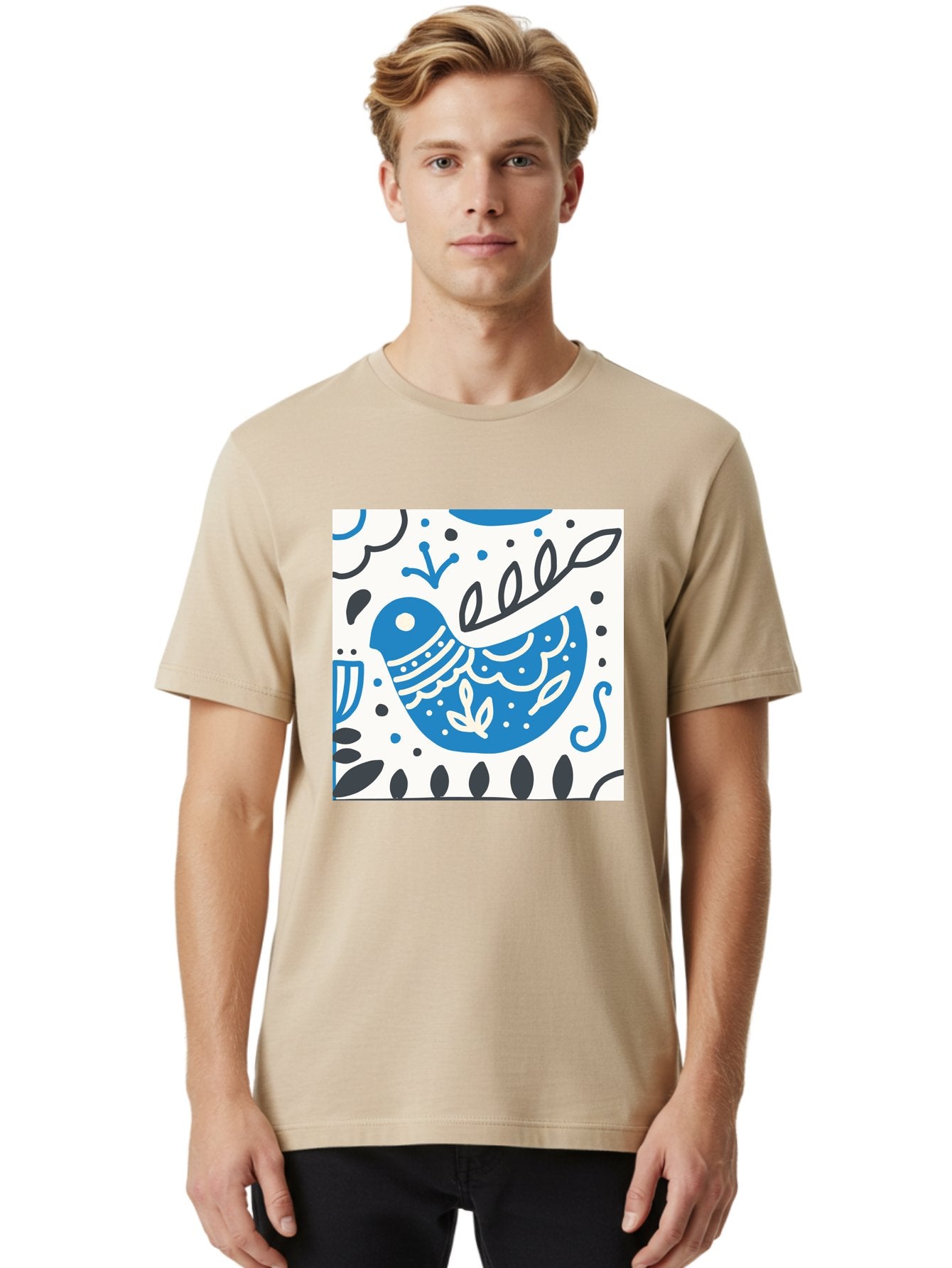 Bird-Illustration Men'S Graphic Tee, 100% Cotton, Comfortable Casual Summer Wear, Machine Washable, Blue Bird, White Patterns, Black Accents, Abstract Shapes, Doodle Art, Whimsical Design, Playful Patterns, Hand Drawn, Graphic Illustration, Aab662 16